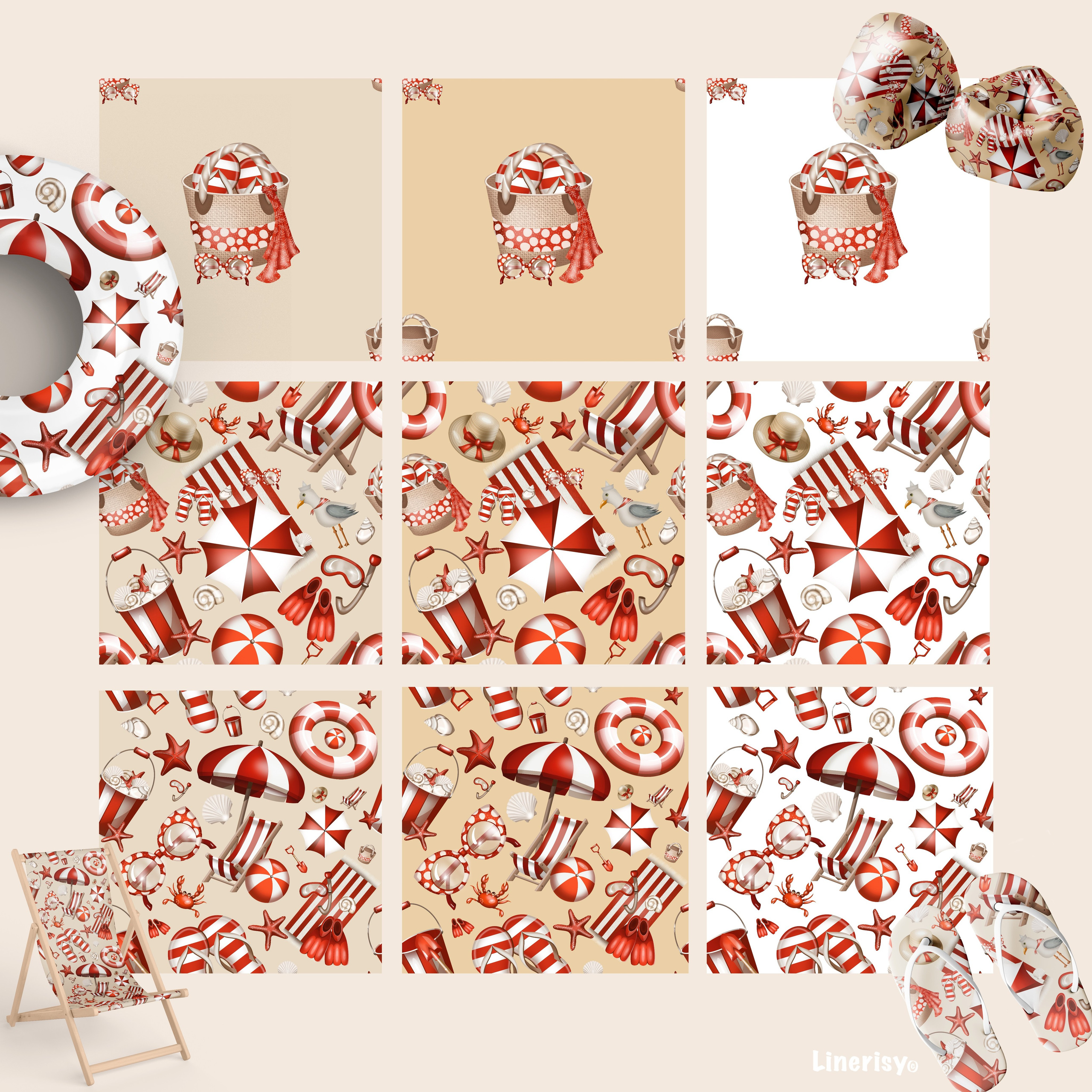 Коллекция «Лето, море, пляж» — графические иллюстрации, композиции и бесшовные паттерны. Художник-иллюстратор Евгения Бекренёва