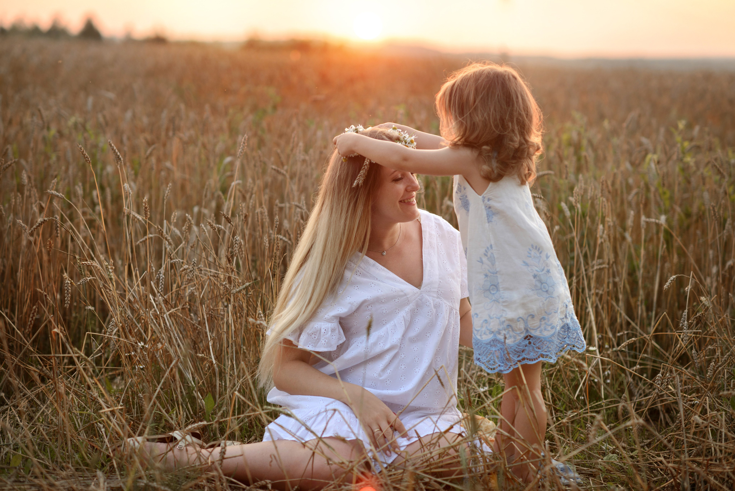 Mom and daughter, Photo shoot, Little girl and a pregnant woman in a wheat field at sunset