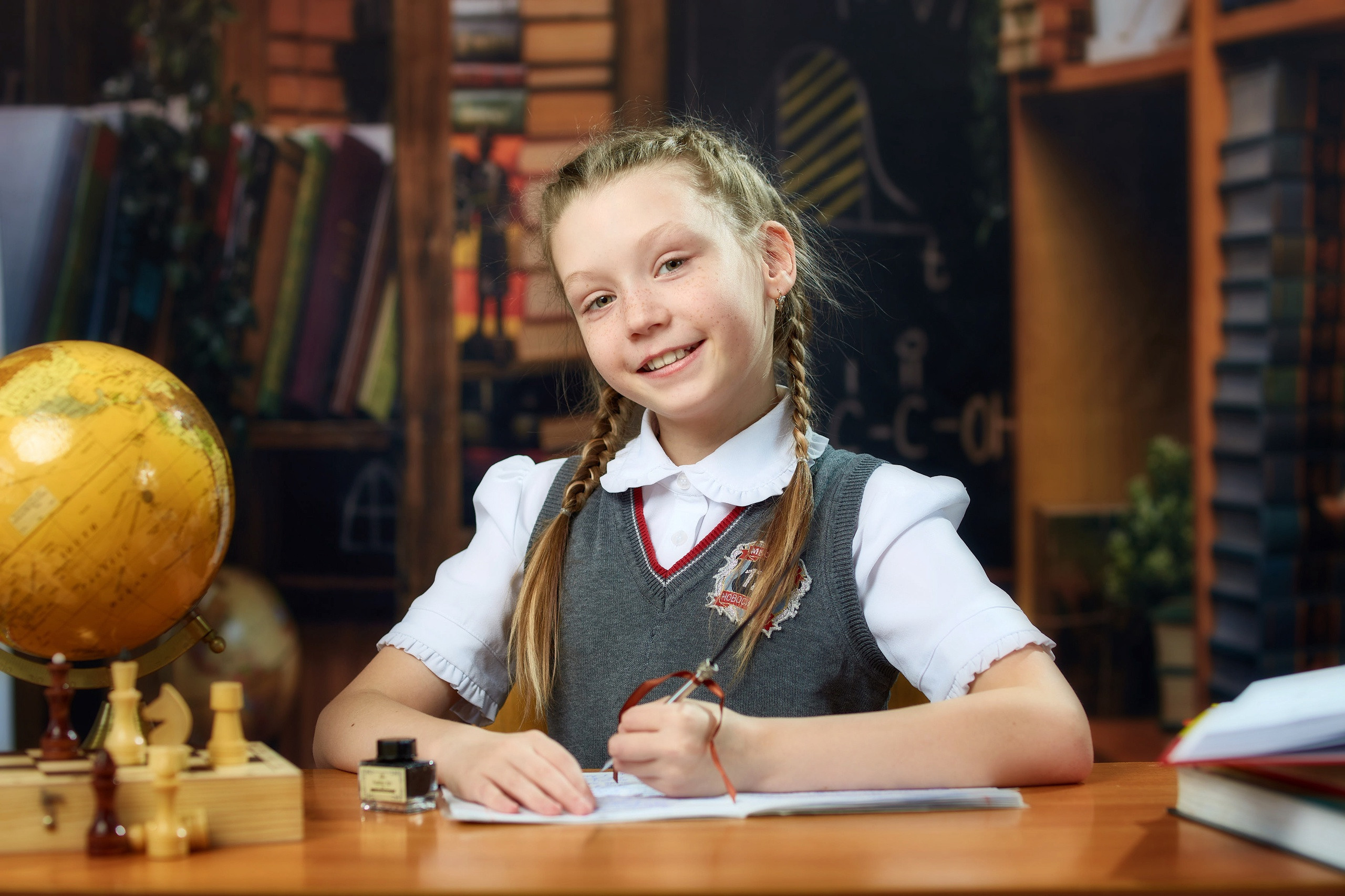 Портрет выпускника четвертого класса на студийном фоне.