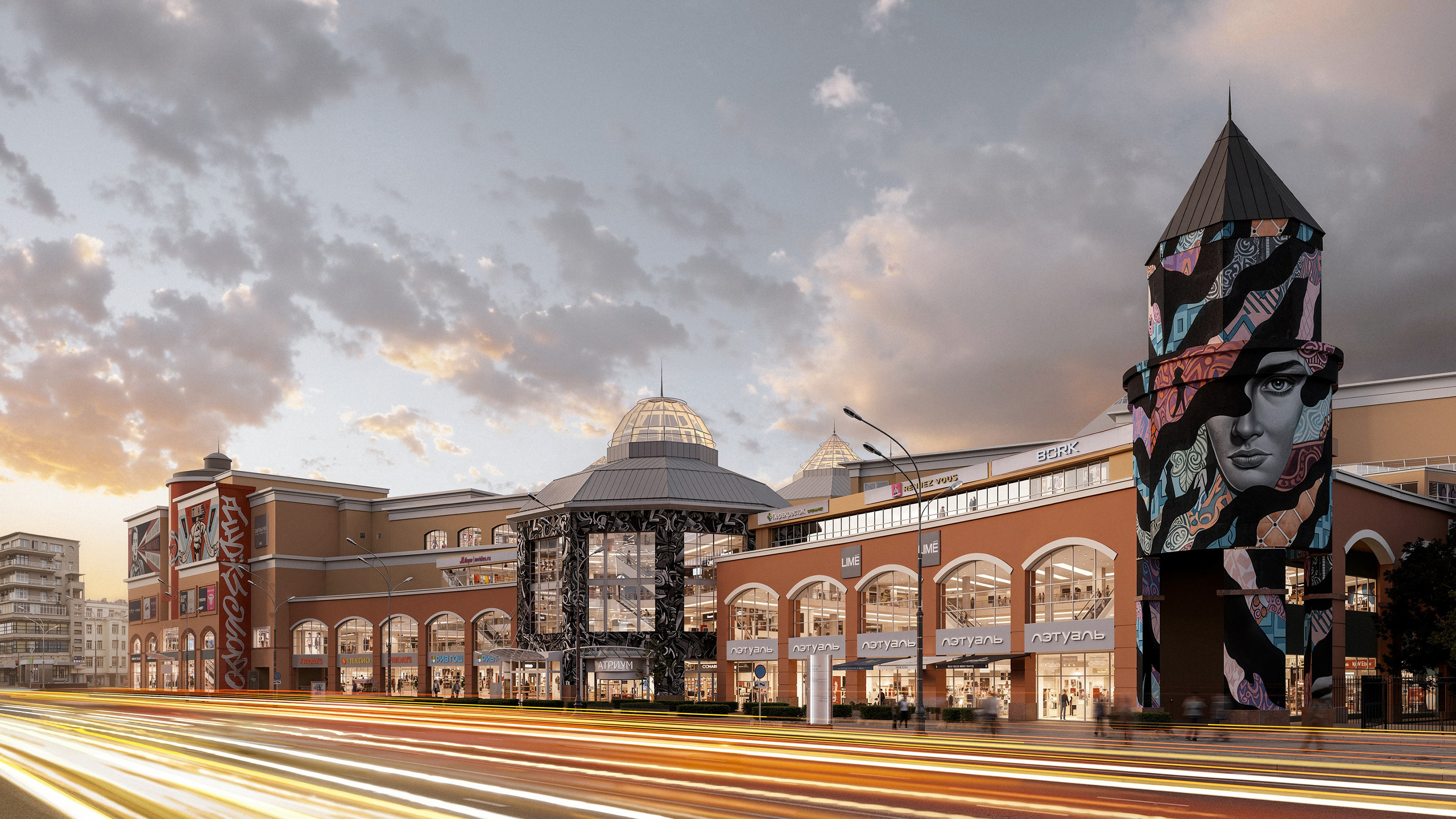 Архитектурно обработанное изображение торгового центра с детализированной росписью на башне и тёплым закатным освещением