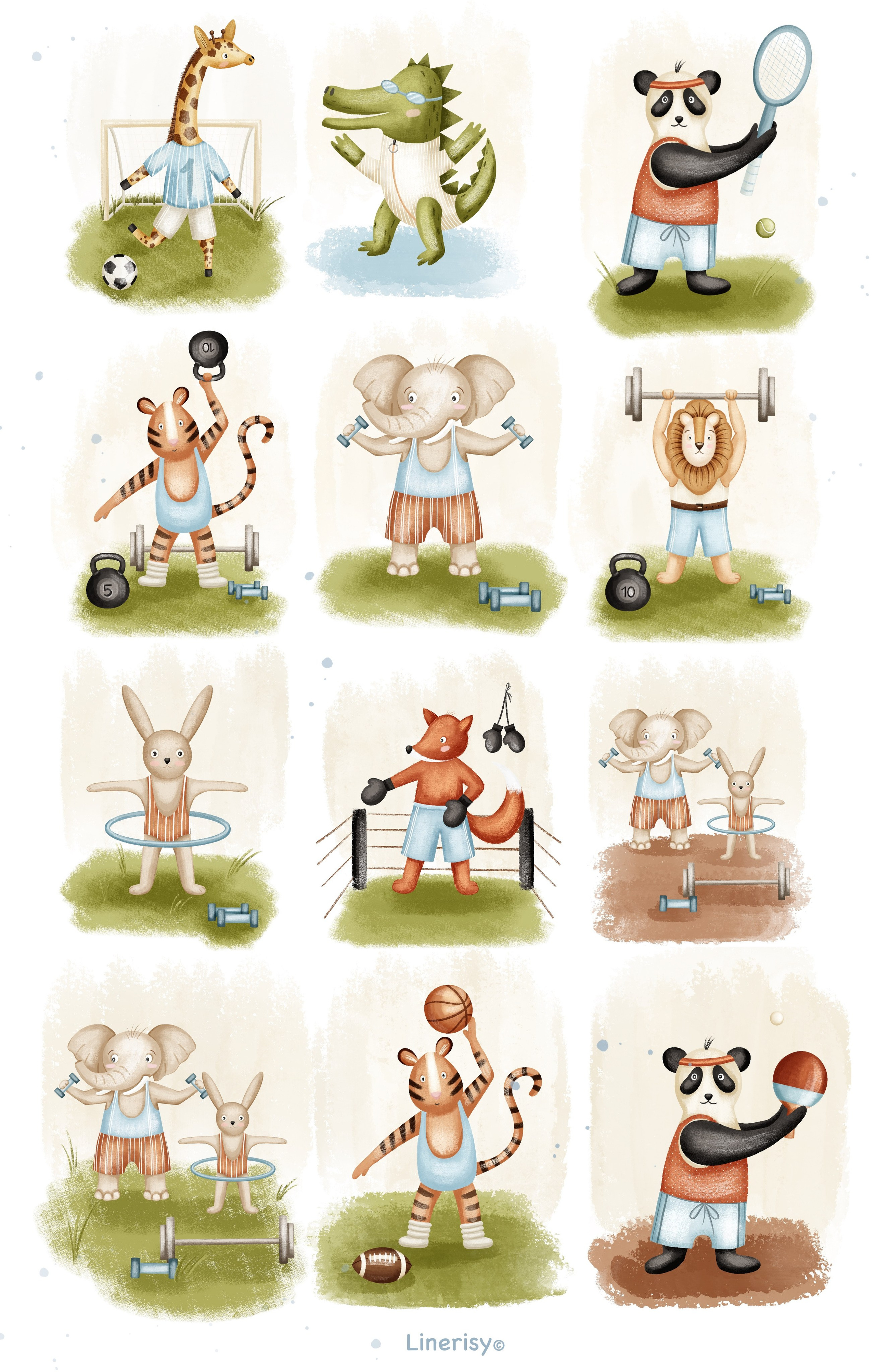 Коллекция «Спортивные друзья » — графические иллюстрации, композиции, постеры и бесшовные паттерны. Художник-иллюстратор Евгения Бекренёва
