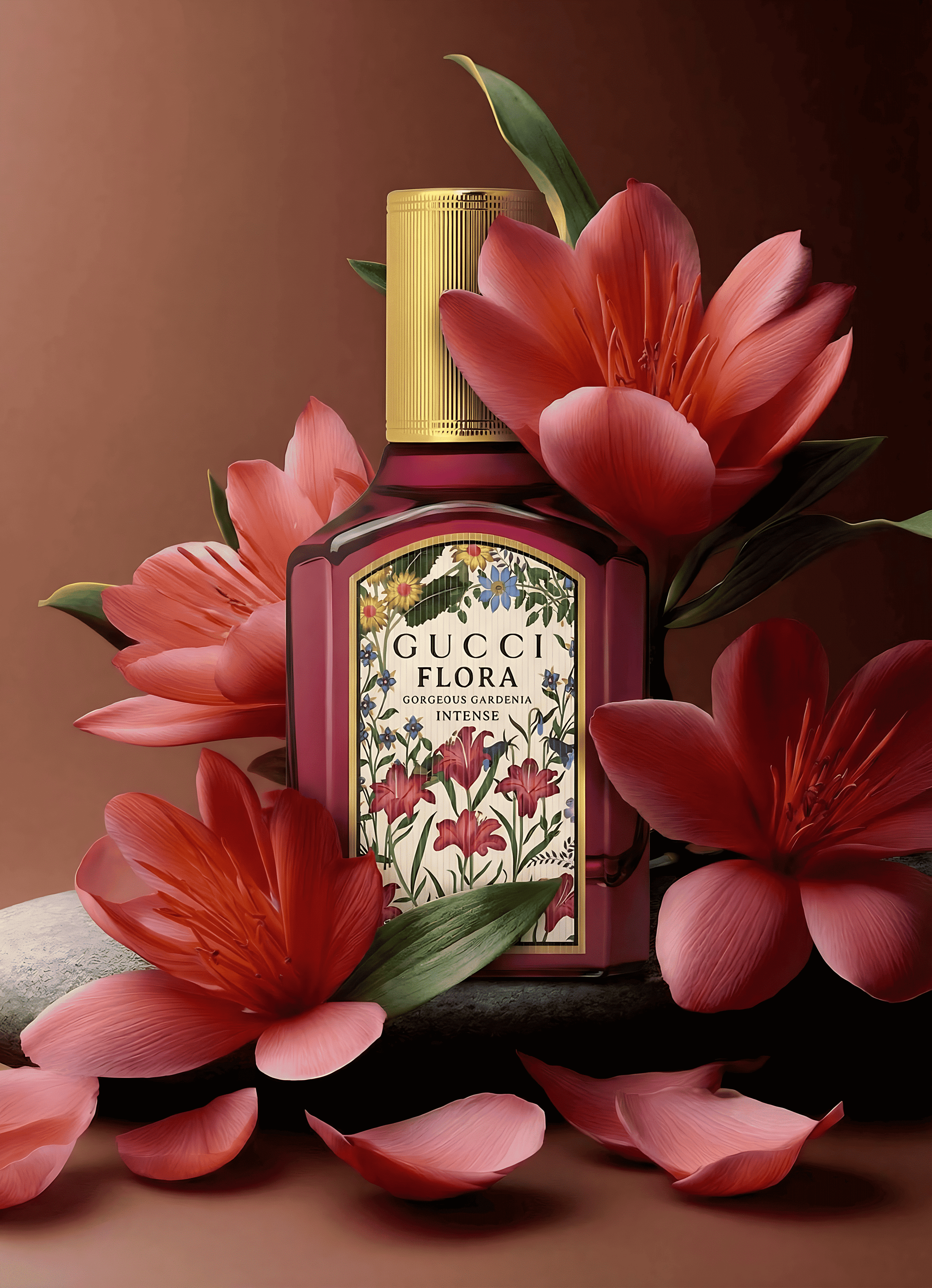 Предметная фотосессия духов - флакон духов в цветах