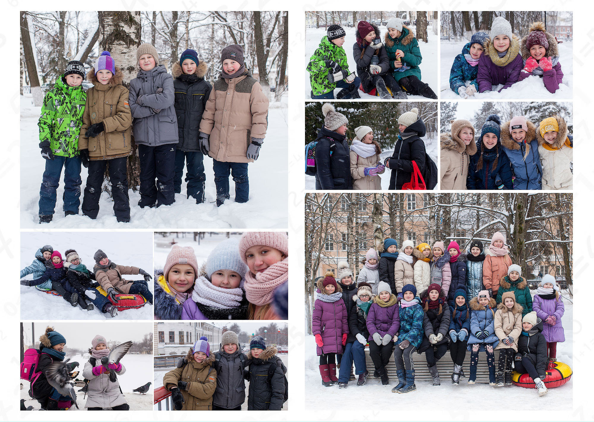 Зимняя фотосессия учеников 4 класса небольшими группами на школьной территории