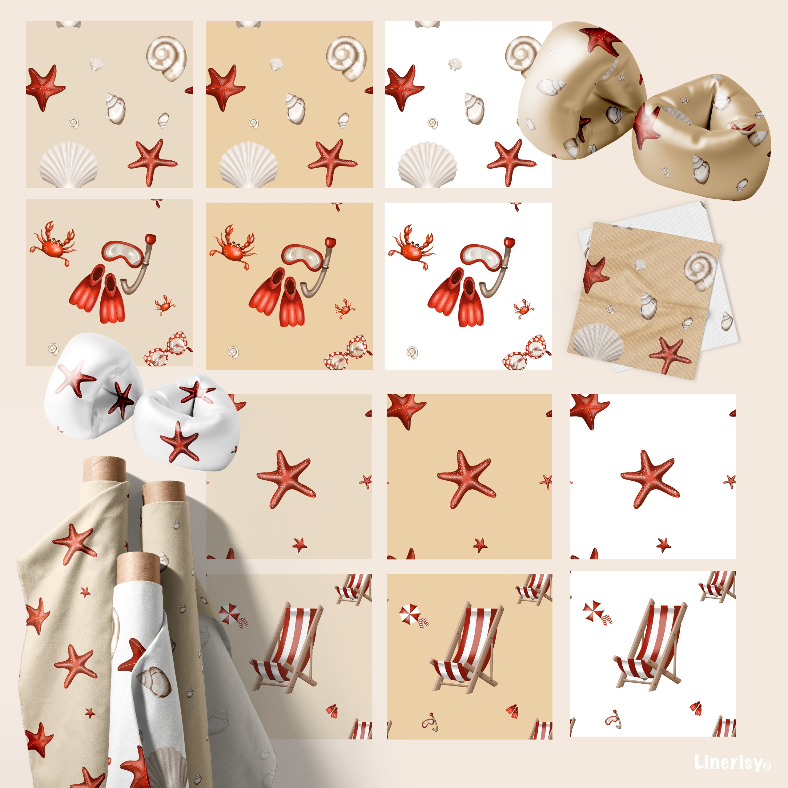 Коллекция «Лето, море, пляж» — графические иллюстрации, композиции и бесшовные паттерны. Художник-иллюстратор Евгения Бекренёва