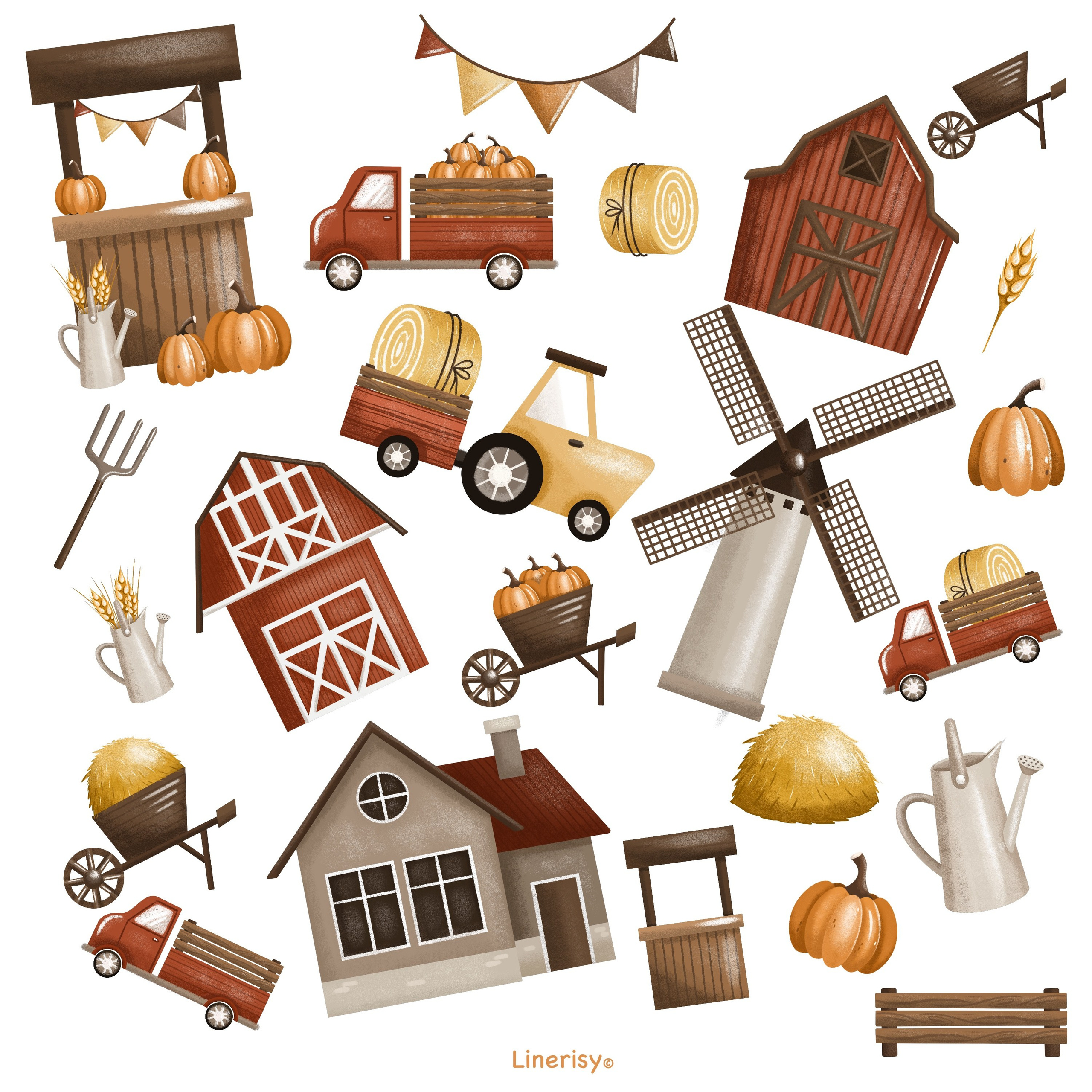 Коллекция «Осенняя ферма» — графические иллюстрации, композиции и бесшовные паттерны. Художник-иллюстратор Евгения Бекренёва