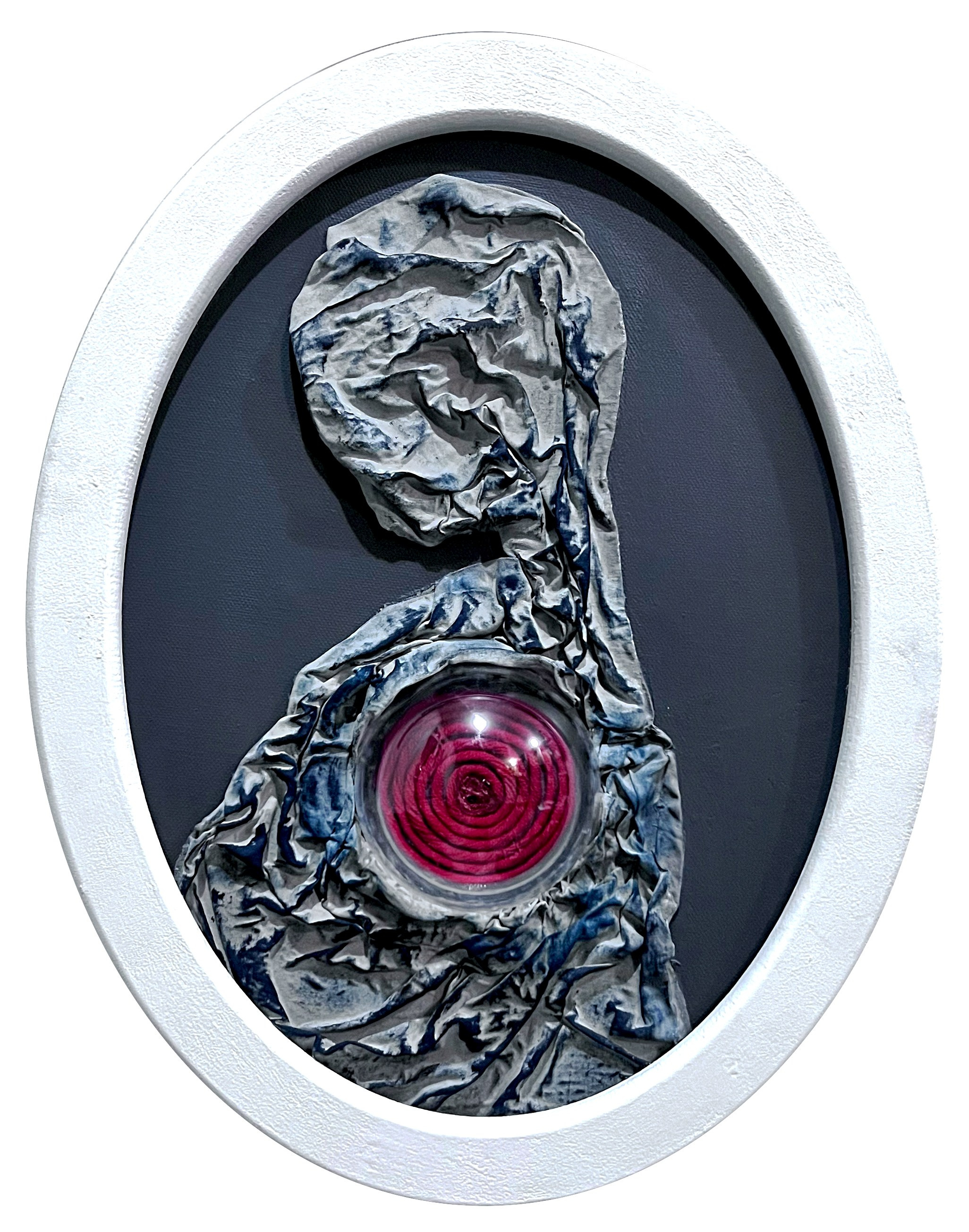 "Мир внутри". Акрил, текстиль, нить, пластик, холст на подрамнике 30х40 см, 2023 год