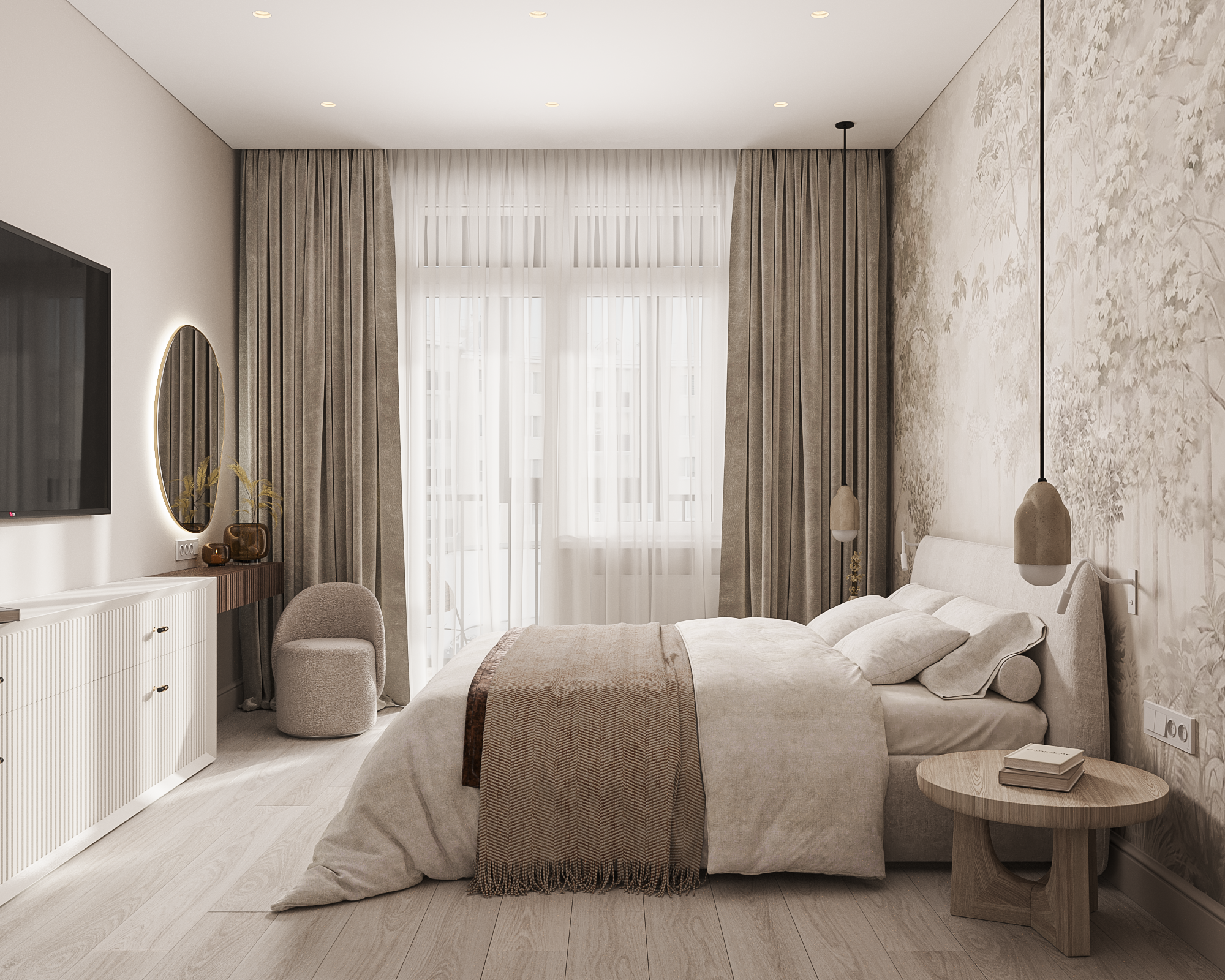 Уютная спальня в неоклассической эстетике с акцентом на текстиль и свет — авторский интерьер от Ксении Новиковой ksudsgn, Санкт-Петербург