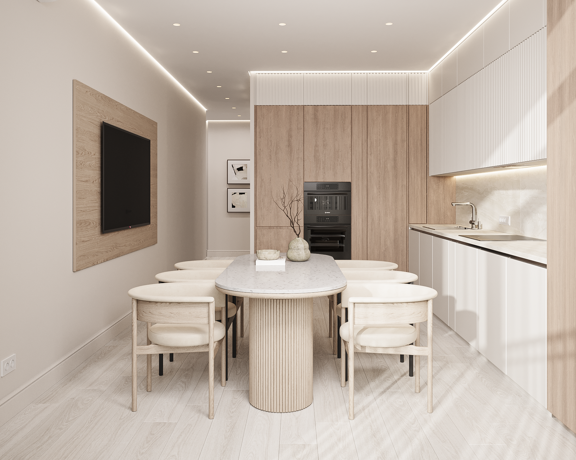 Светлая кухня-столовая с уютной обеденной зоной и лаконичным фасадом — интерьерный проект Ксении Новиковой ksudsgn в ЖК «Неоклассика», Санкт-Петербург
