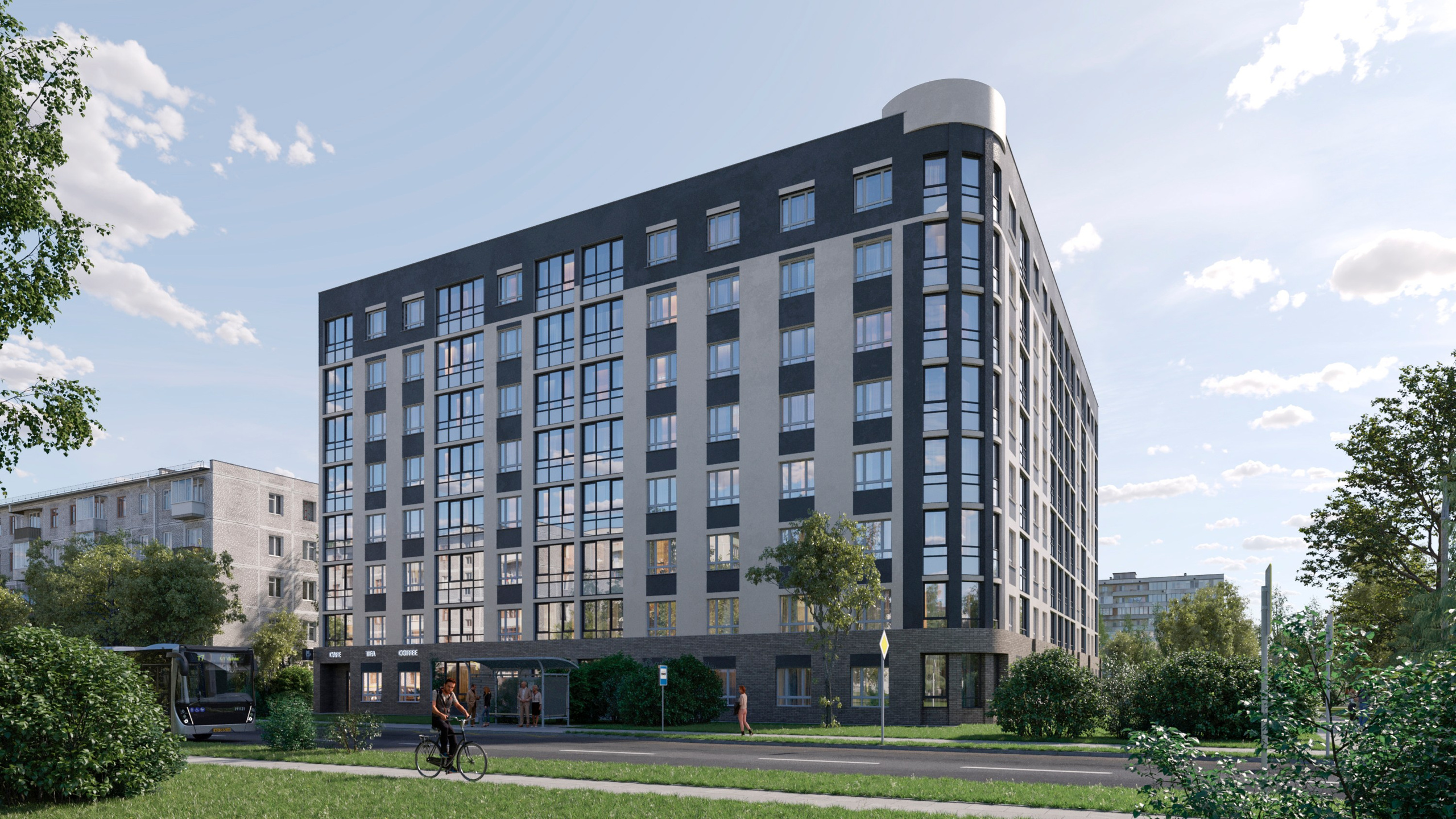 Современный жилой дом среди зеленых насаждений, рядом автобусная остановка и пешеходная зона