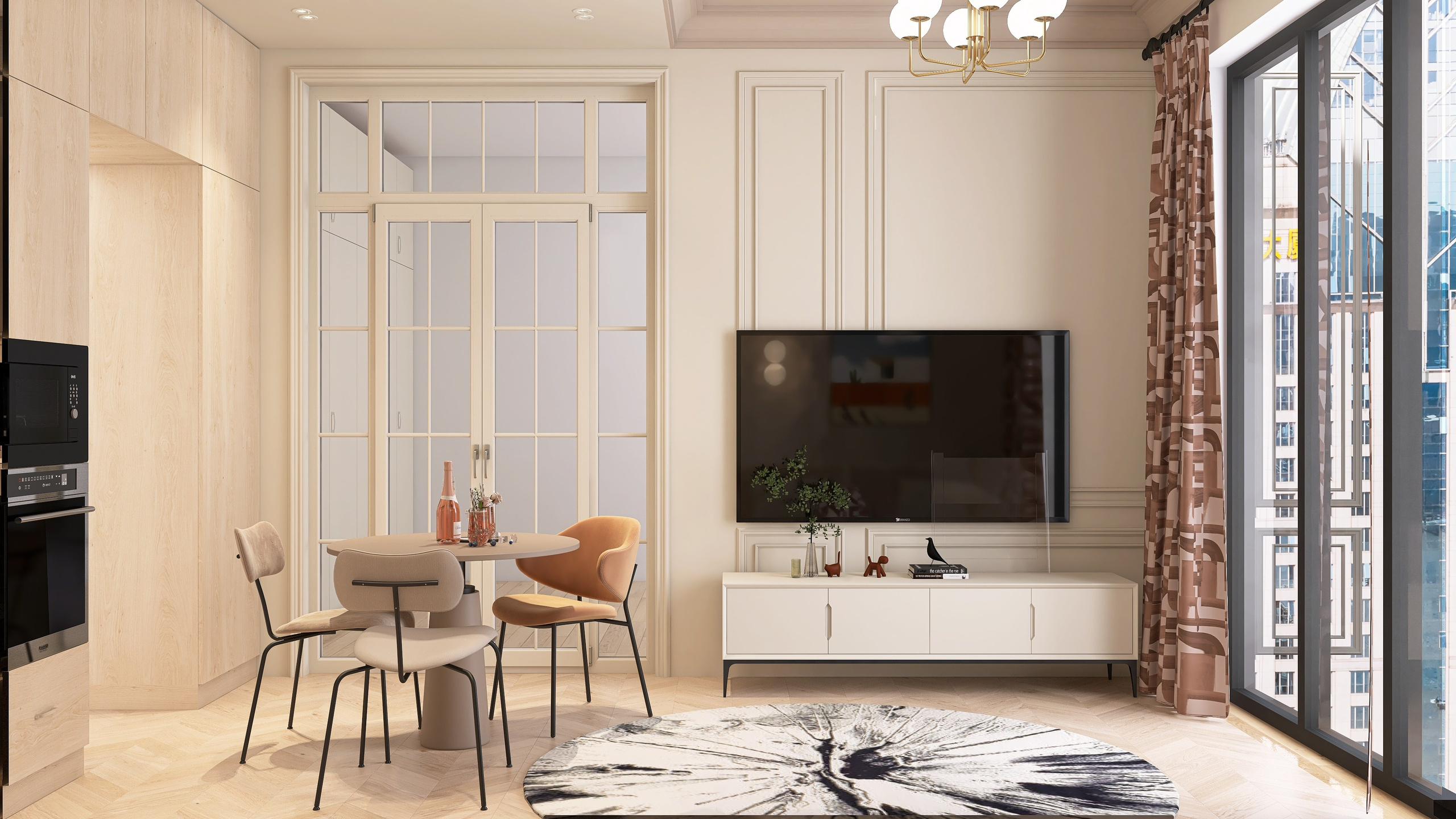 Интерьер гостиной, дизайн гостиной, Квартира-студия в Новосибирске для проживания молодой женщины