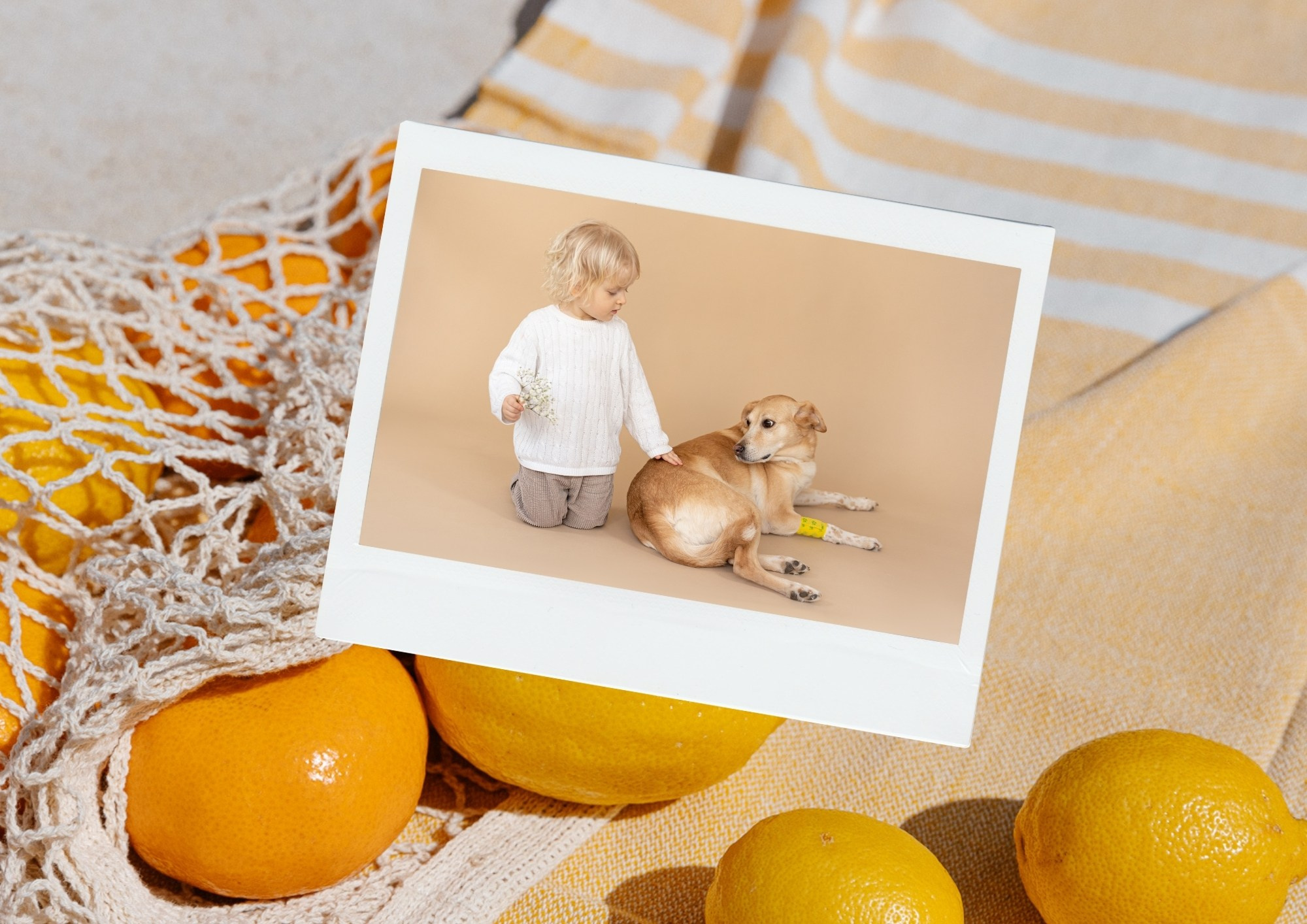 Июнь: в центре календарь, вокруг — полароидные снимки летнего утра, прогулок по пляжу с ребёнком и освежающих напитков, создающие ощущение начала каникул и отпусков.