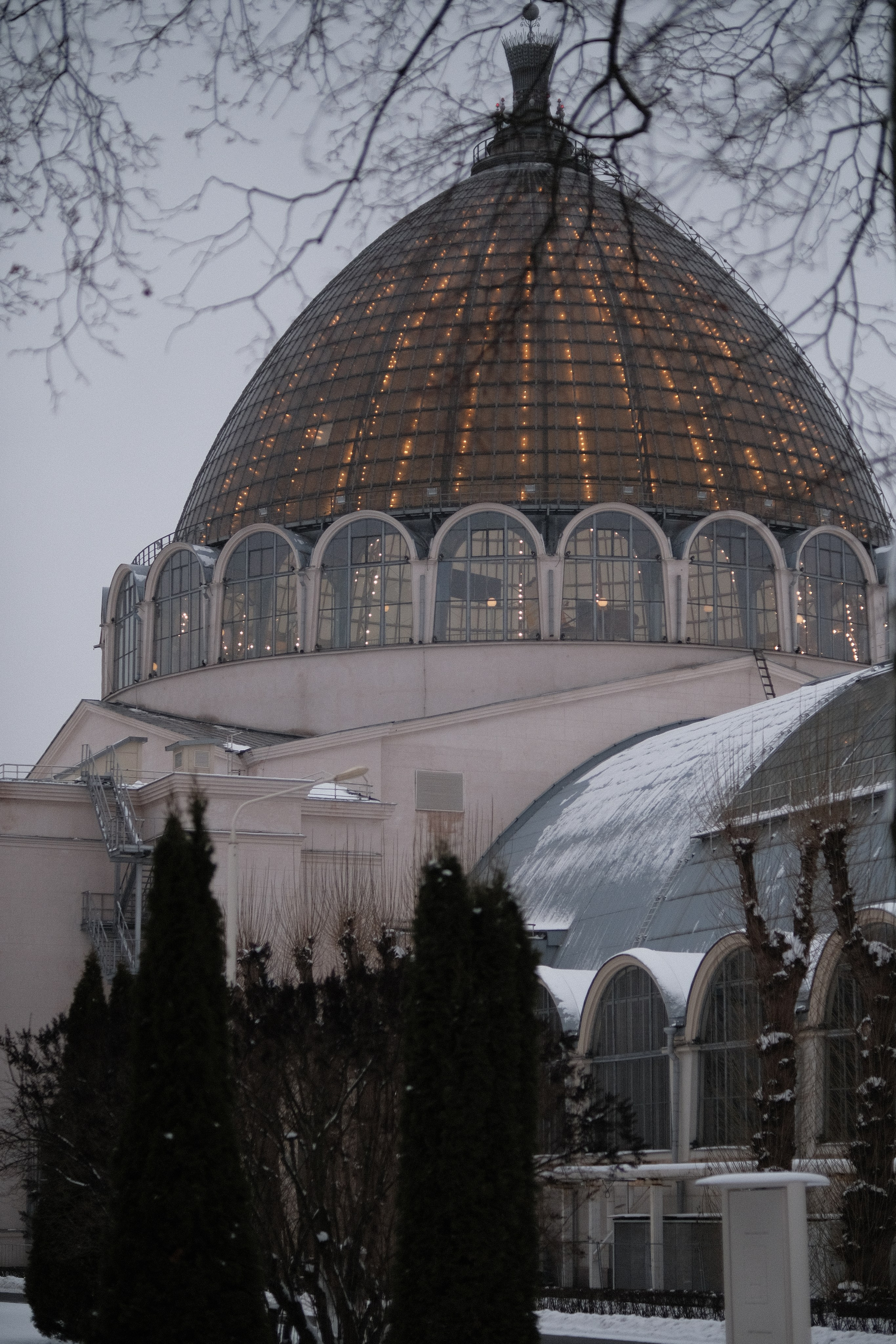 ВДНХ зимой, купол павильона рядом с Москвариумом, архитектура ВДНХ в зимнее время