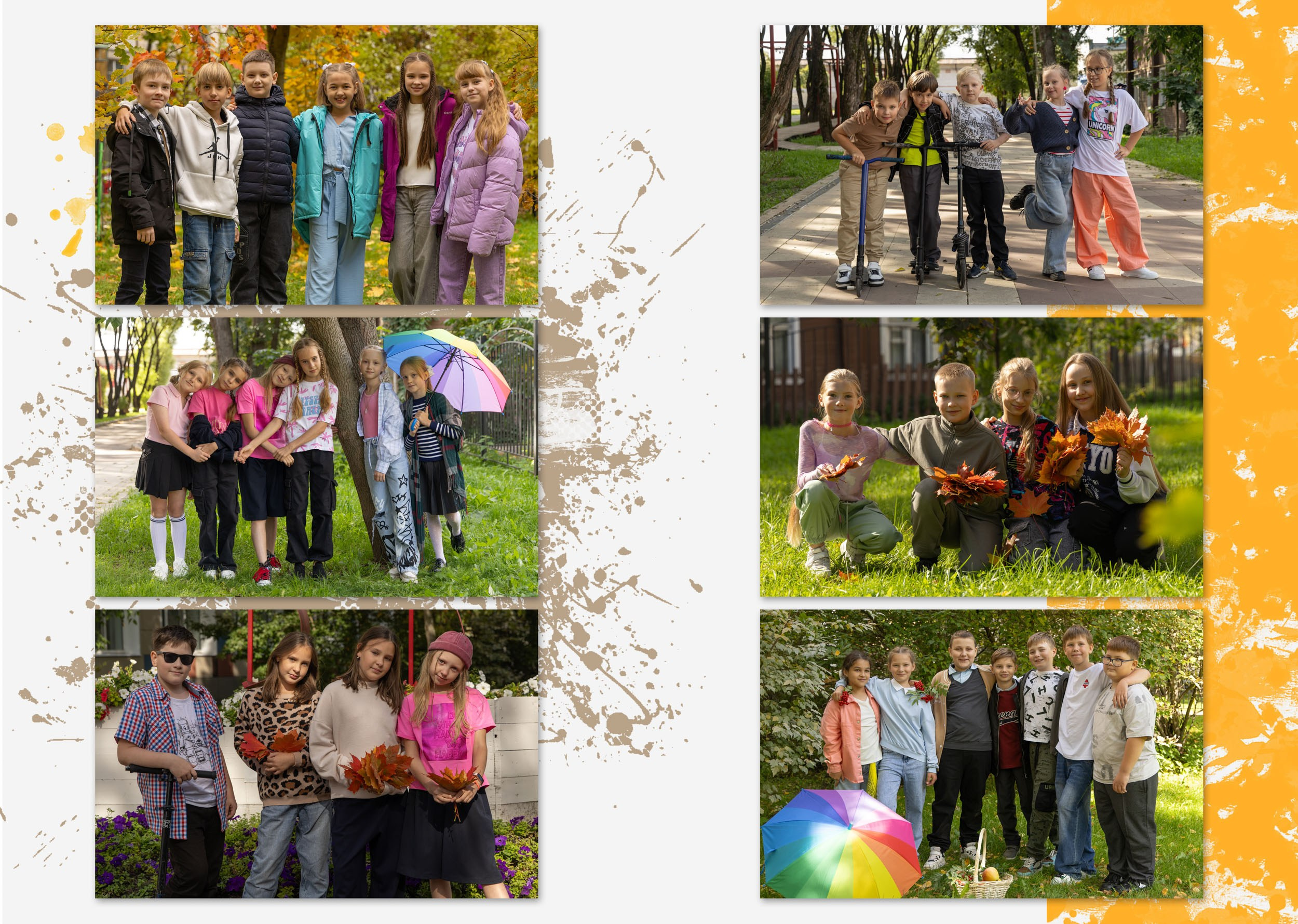 Разворот выпускного альбома с шестью групповыми фотографиями.