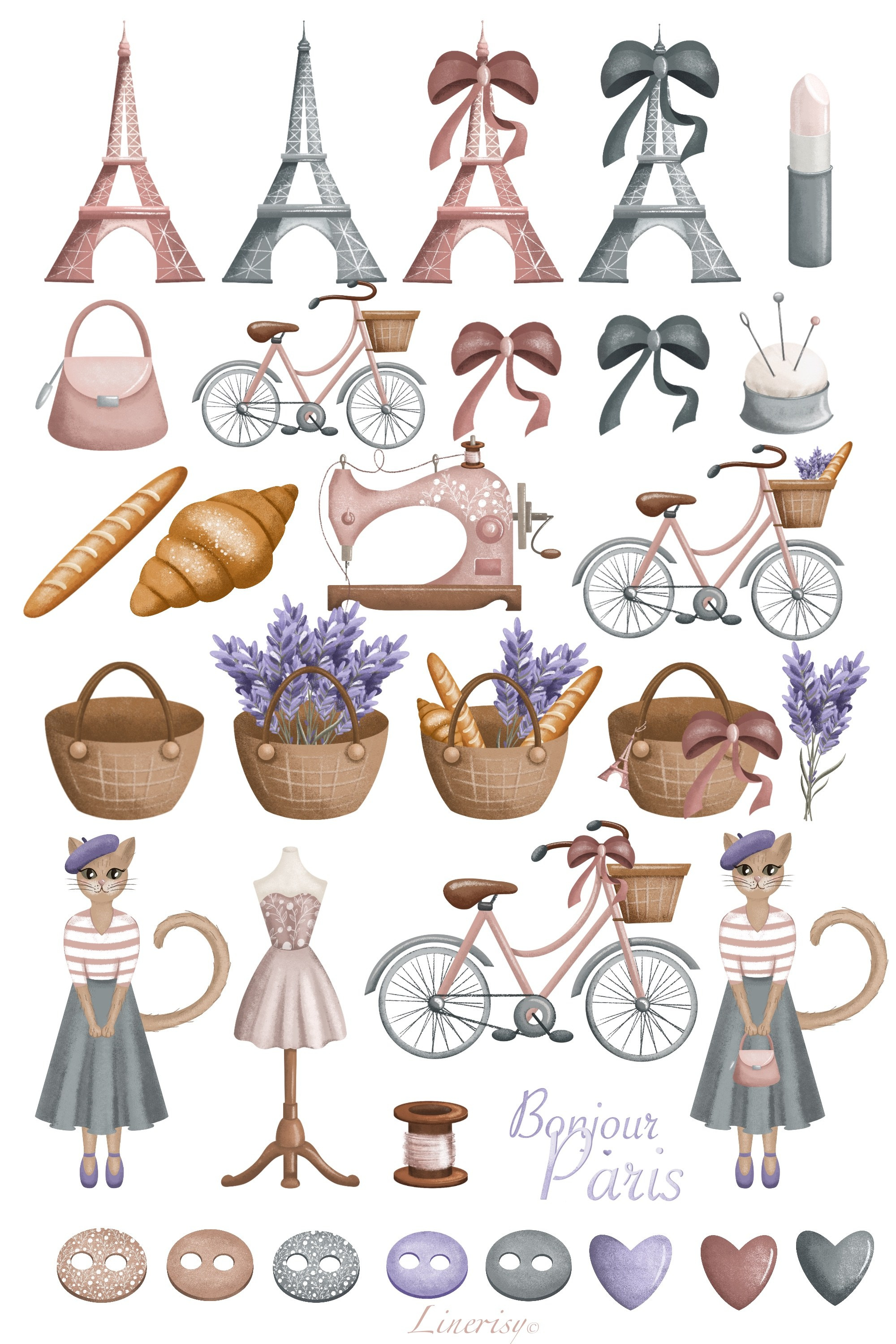 Коллекция «Винтажный Париж» — графические иллюстрации, композиции и бесшовные паттерны. Художник-иллюстратор Евгения Бекренёва