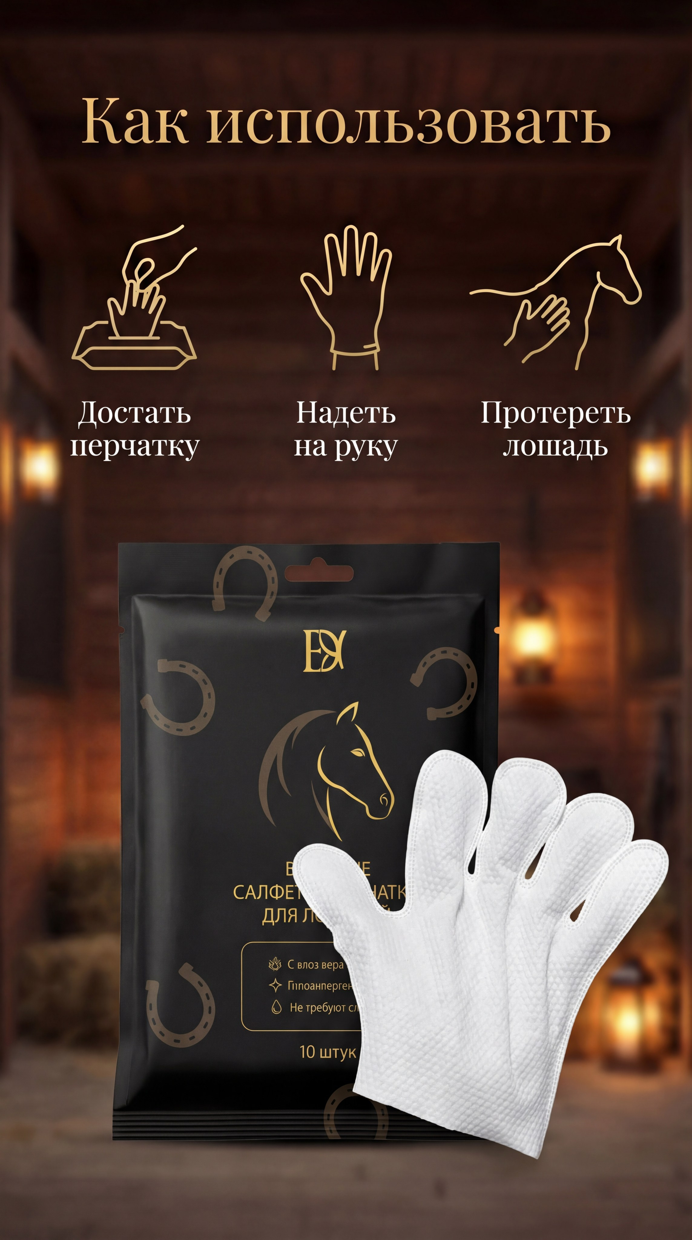 Влажные салфетки-перчатки для лошадей ED ONE — уход без воды. Ева Демидова. Спортсмен по конкуру в Санкт-Петербуре