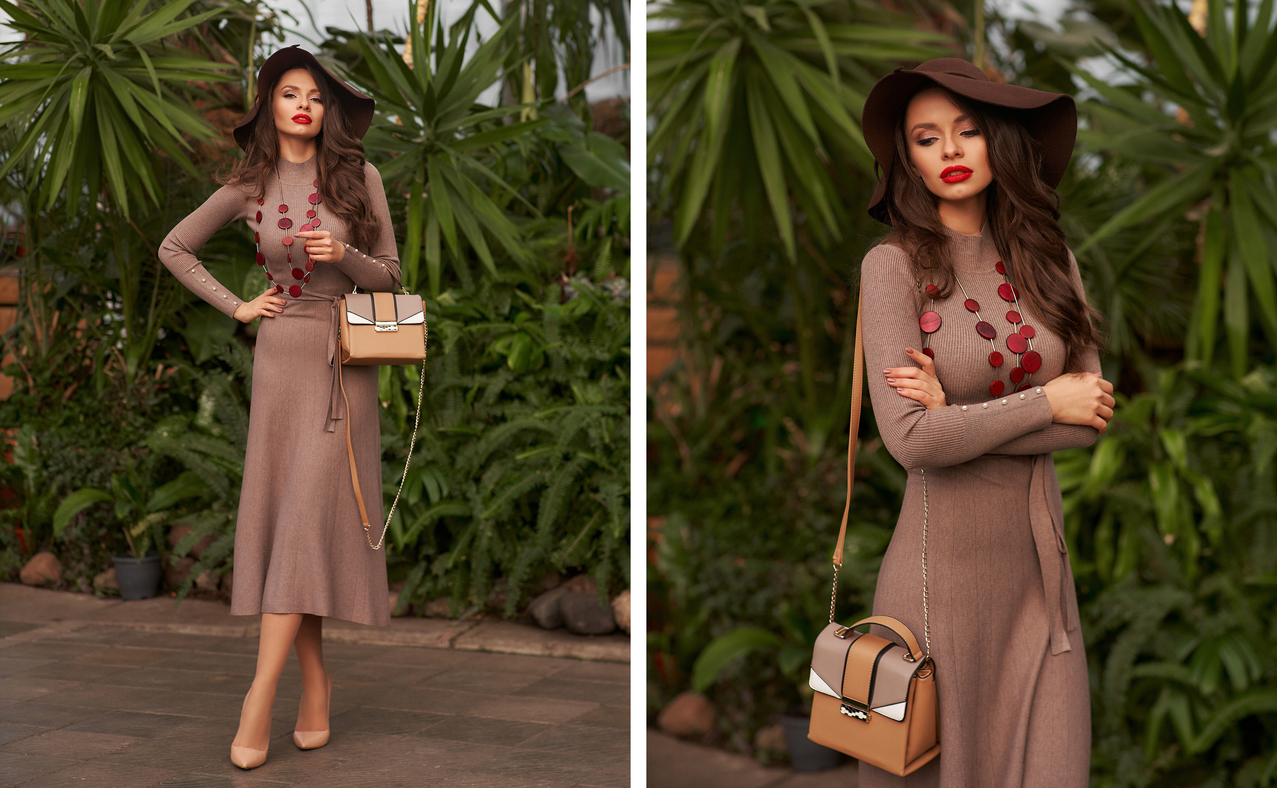 Девушка в платье позирует в оранжерее