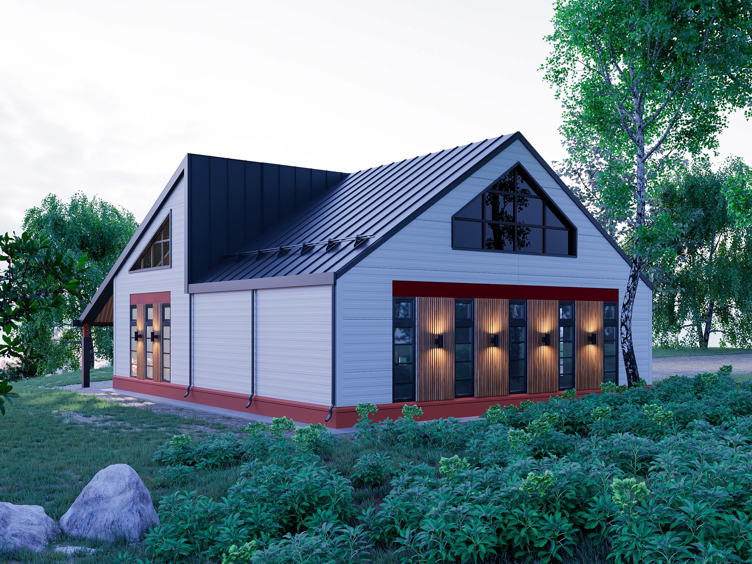 Технология строительства — ЛСТК с заполнением стен сэндвич-панелями. В качестве декора использованы фасонные элементы и древесно-полимерные композиты.