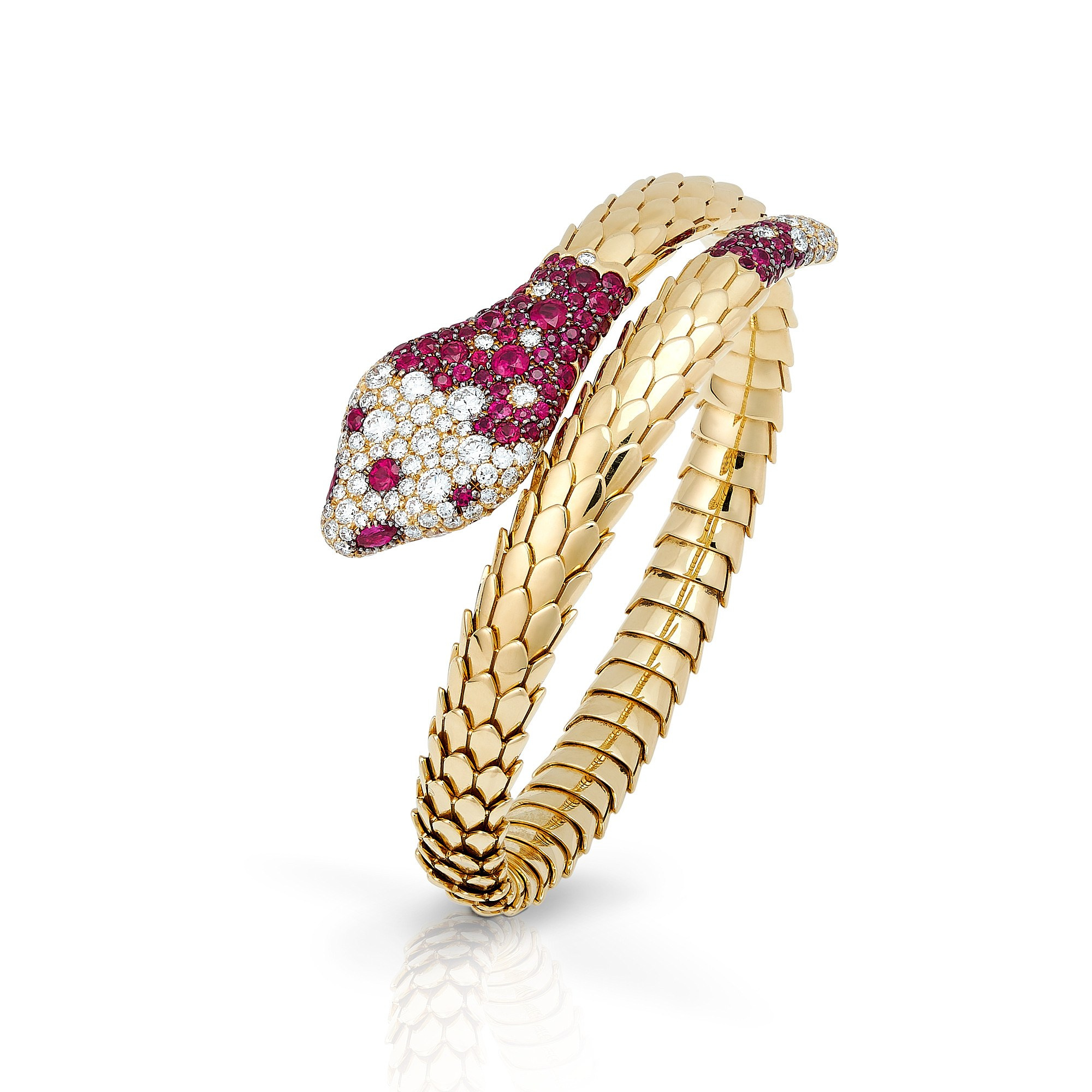 Золотой браслет в виде змеи с инкрустацией из рубинов и бриллиантов