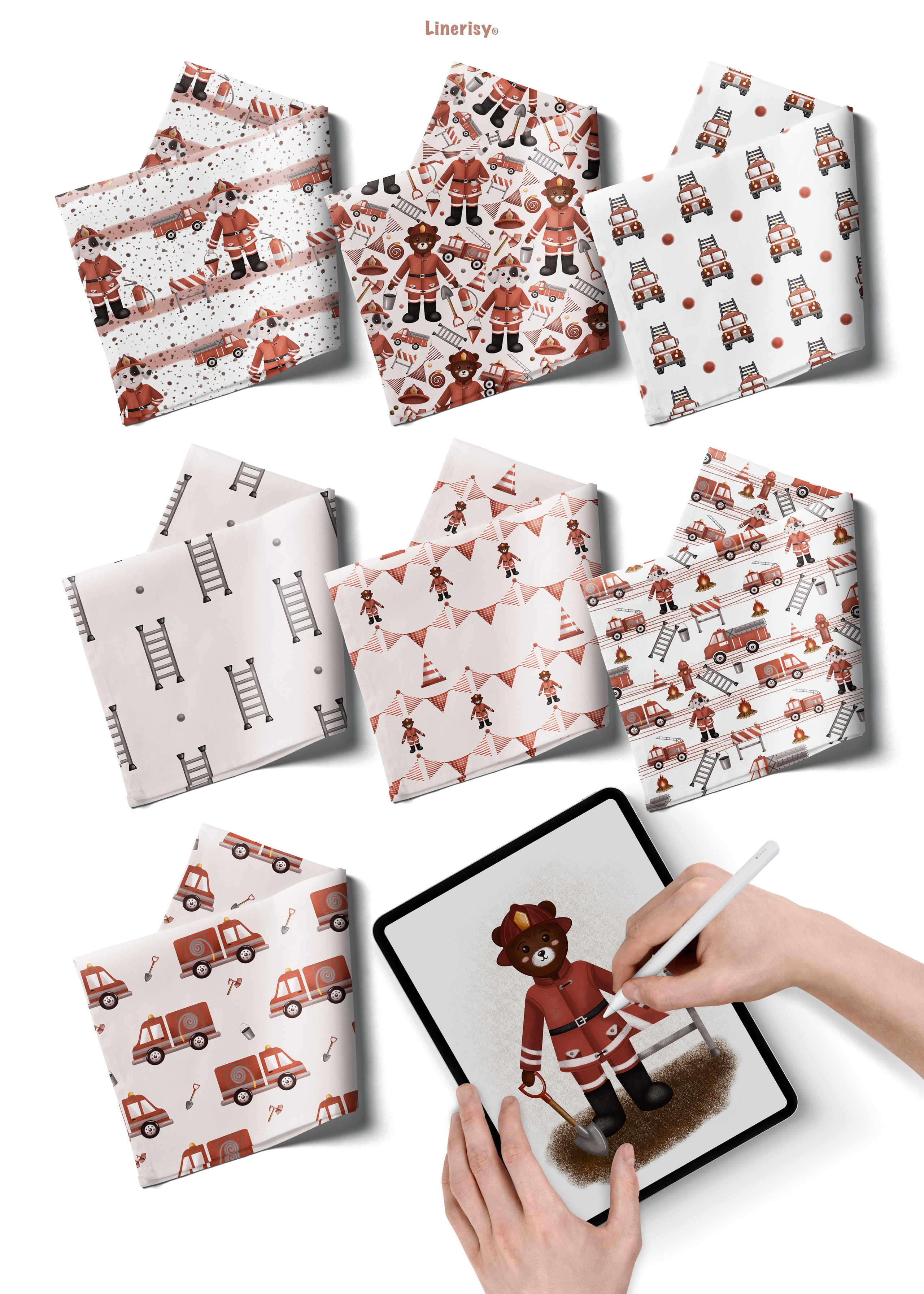 Коллекция «Пожарная станция» — графические иллюстрации, композиции и бесшовные паттерны. Художник-иллюстратор Евгения Бекренёва