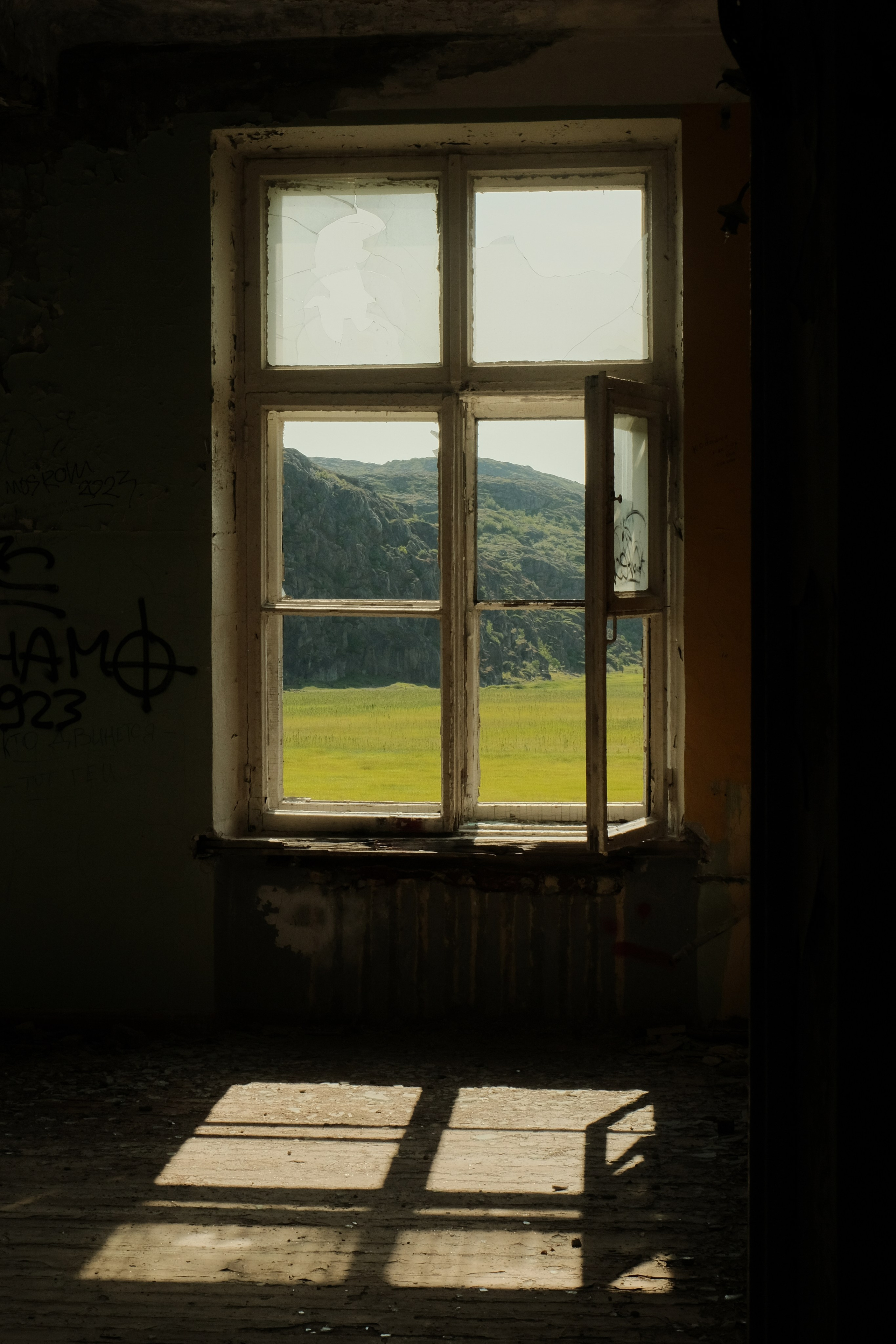 window with a view of a field