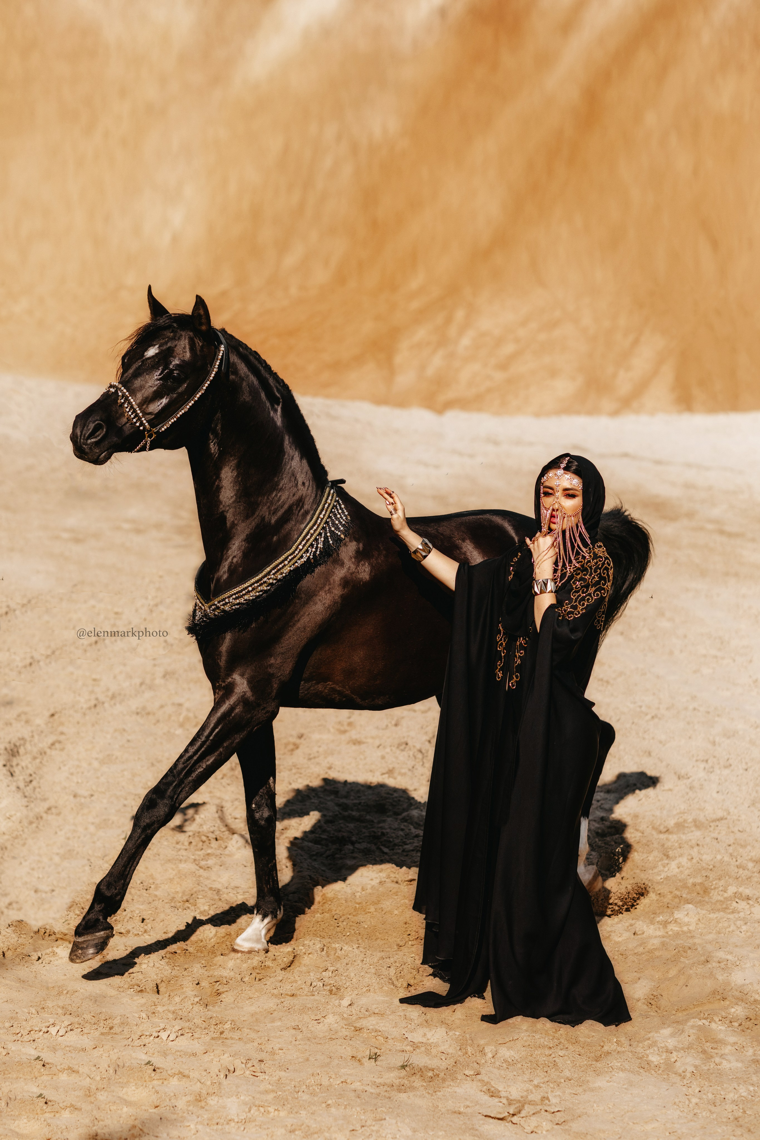 Серия эффектных фотографий с девушками в восточном стиле и лошадью, выполняющей трюки: 'свеча', 'сидит' и 'лежит' на песке. Каждое изображение передает уникальную красоту и грацию как животных, так и девушек, идеально подходит для клиентов в Москве и области, желающих запечатлеть незабываемые моменты."