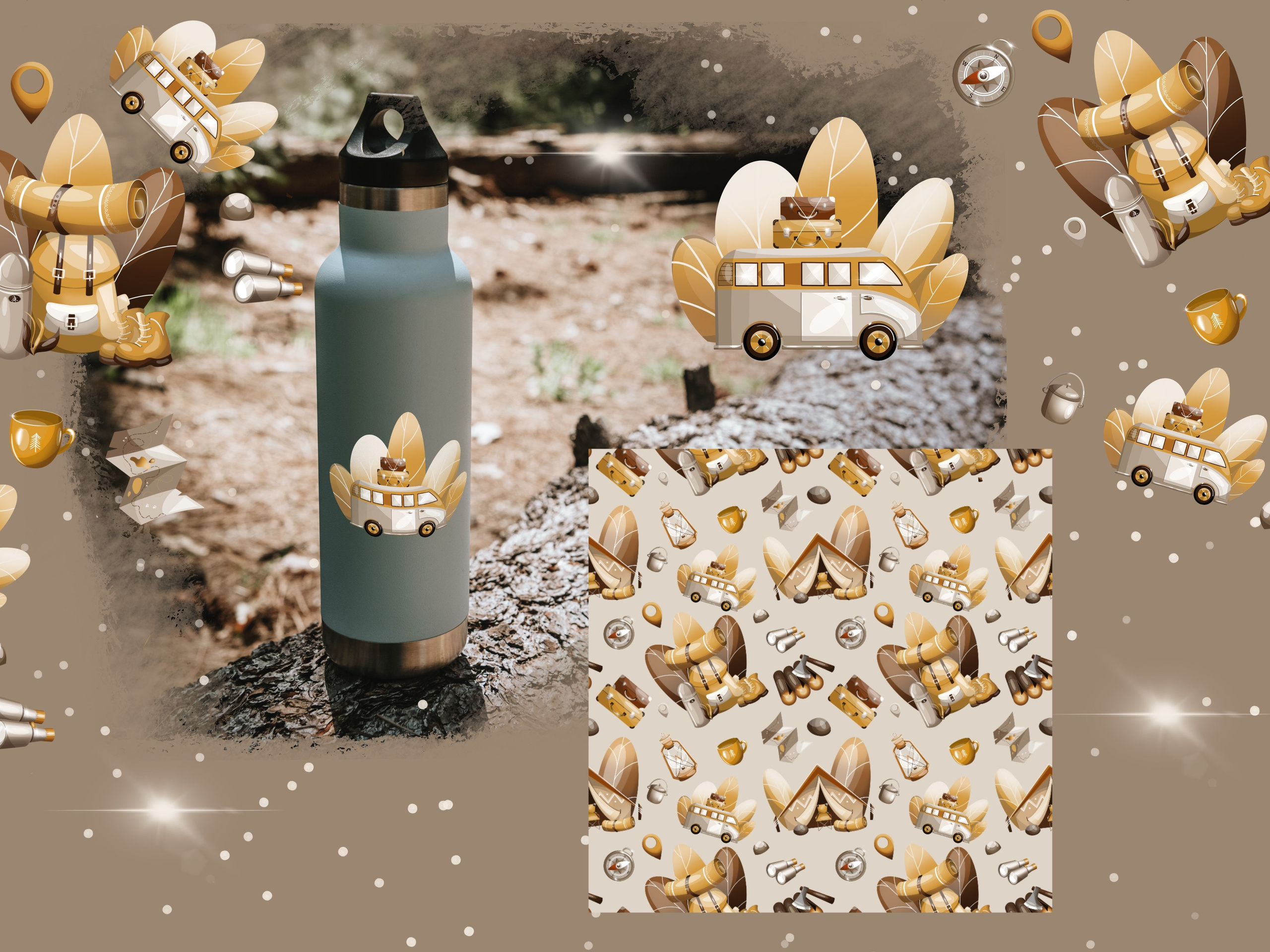 Коллекция «Travel set» — графические иллюстрации, композиции и бесшовные паттерны. Художник-иллюстратор Евгения Бекренёва