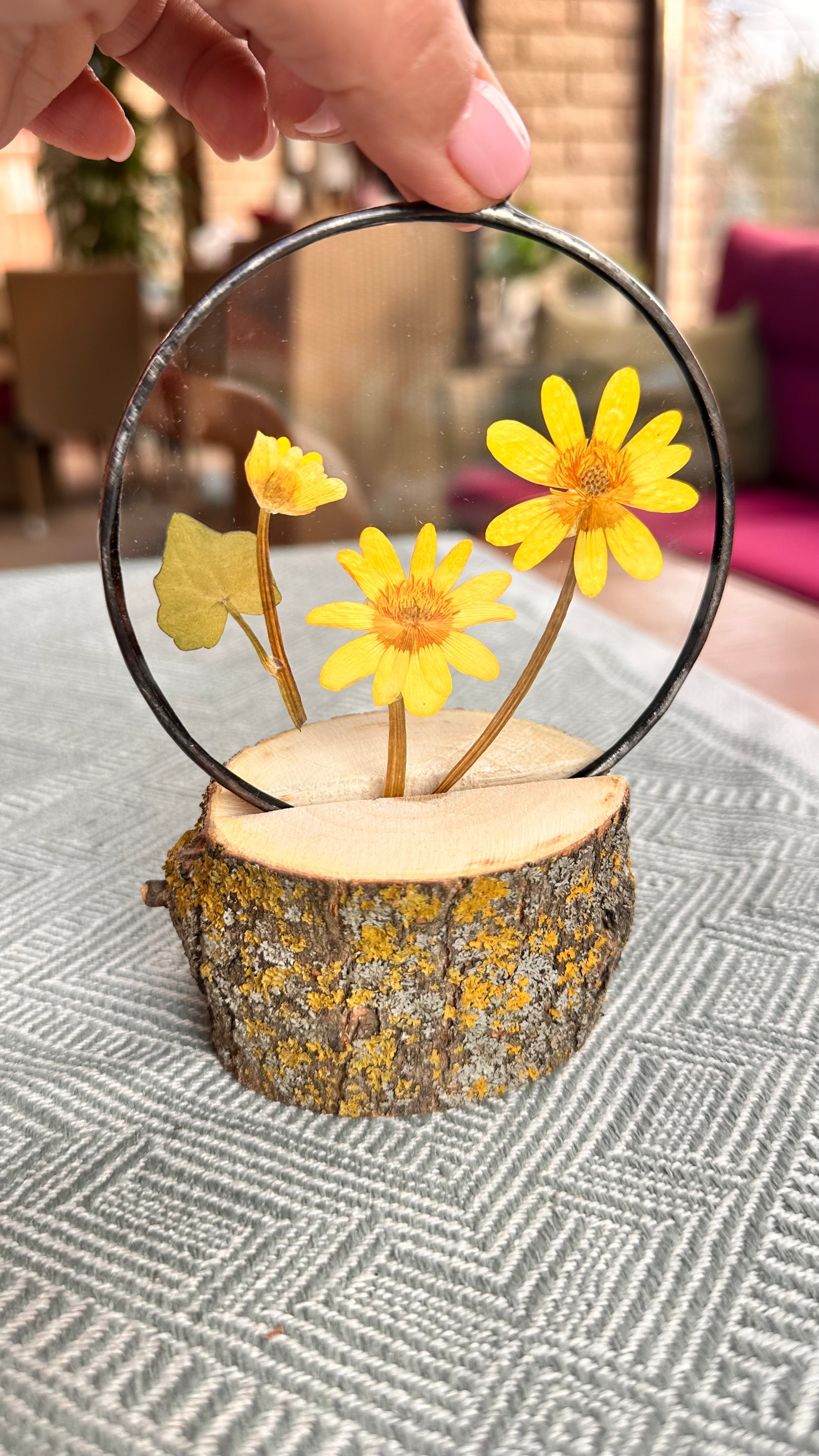 Лютик весенний круг 10 см. Оформляю пространства. Витражи с сухоцветами в технике Тиффани