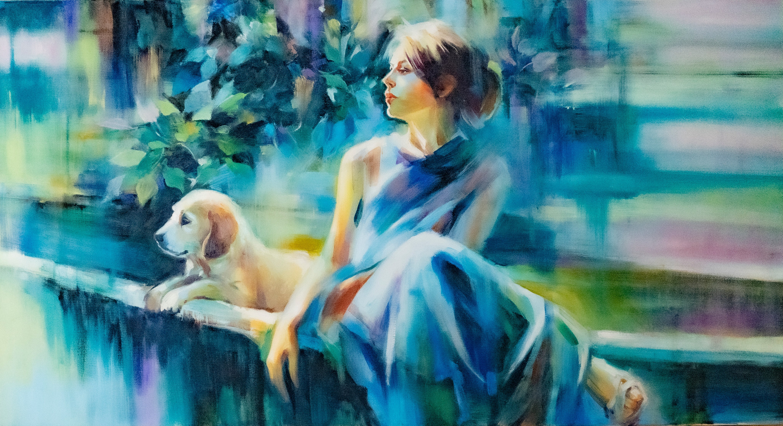 акварельная техника-девушка с лабрадором в лодке