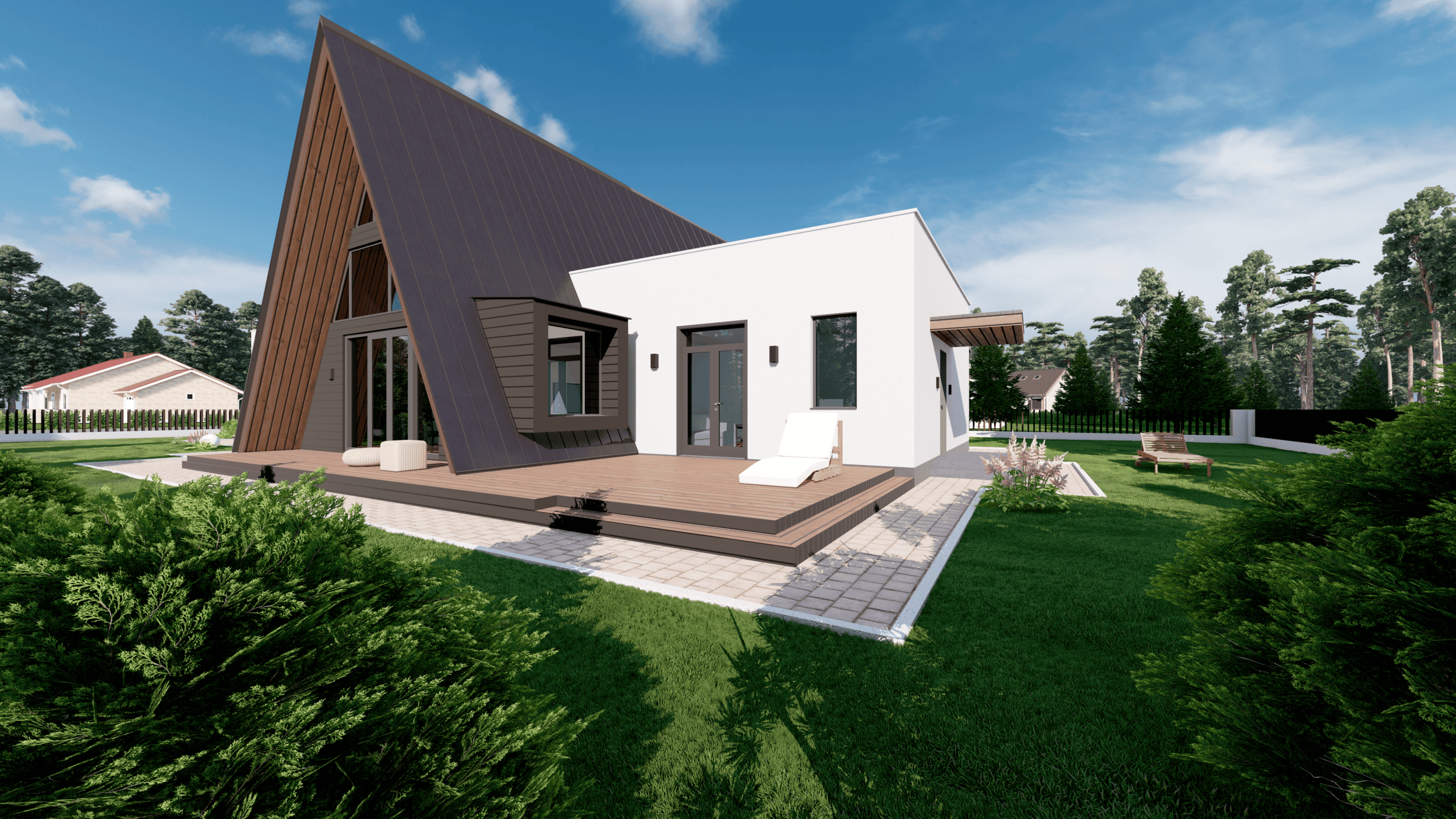 Загородный семейный A-Frame. Современный дом с необычной архитектурой. RASEN DESIGN. Архитектурные проекты зданий, интерьеров и благоустройства