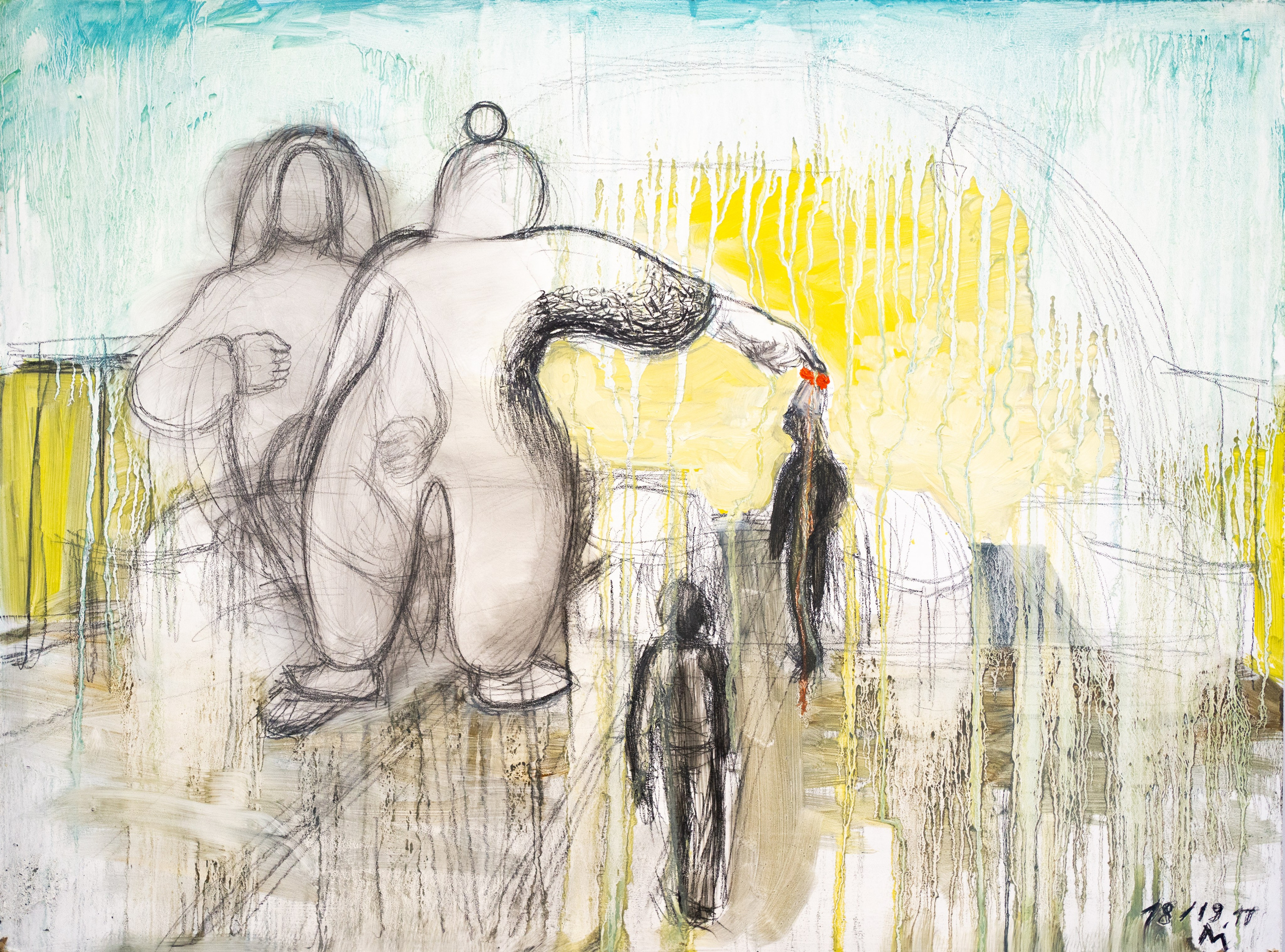 CLOWNS IN THE SUBWAY / Oil, sauce on plywood, 60 x 45 cm, 2020 / I was wearing a poonpong hat and a large man casually touched it, smiling good-naturedly when I turned around.