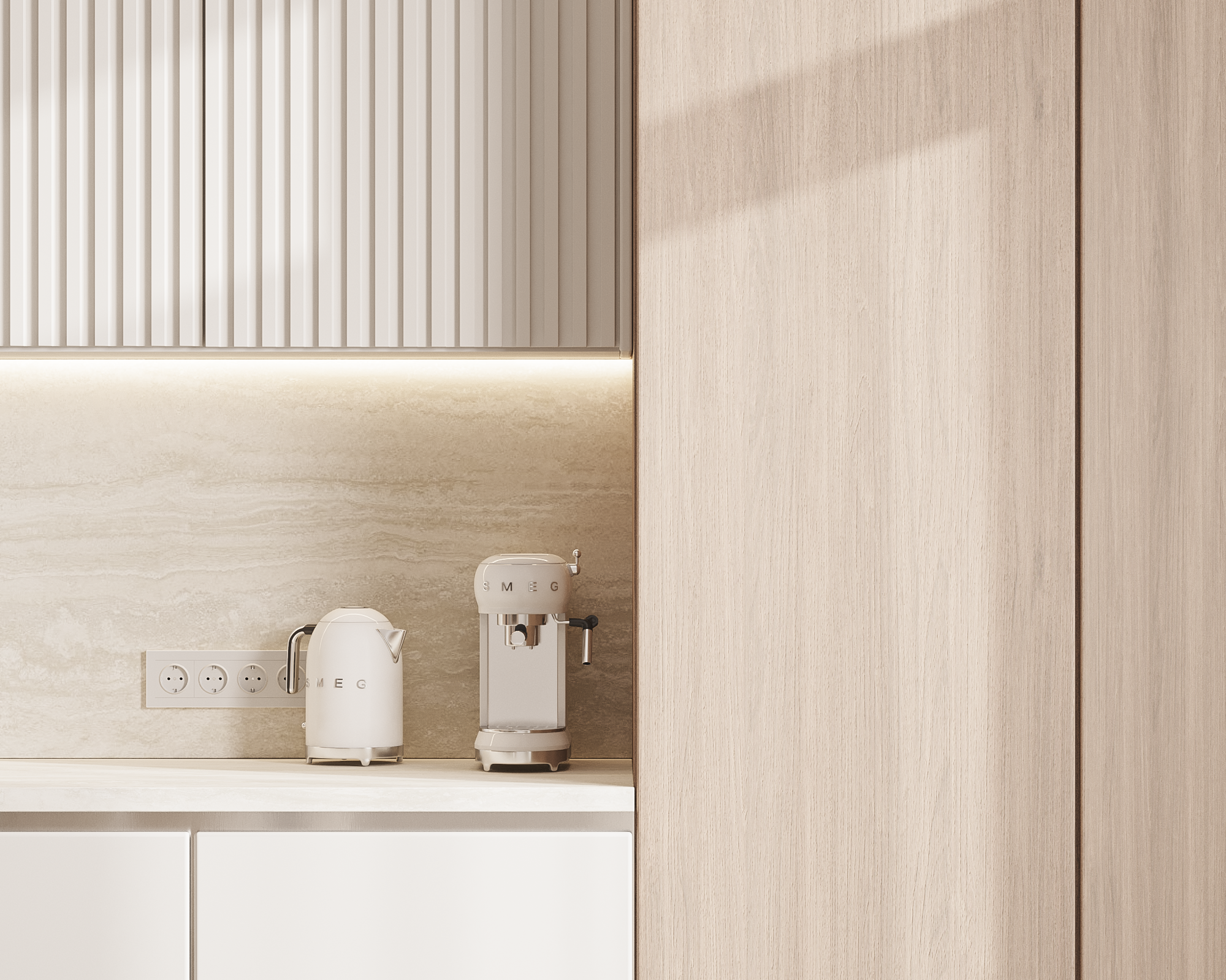 Светлая кухня-столовая с уютной обеденной зоной и лаконичным фасадом — интерьерный проект Ксении Новиковой ksudsgn в ЖК «Неоклассика», Санкт-Петербург