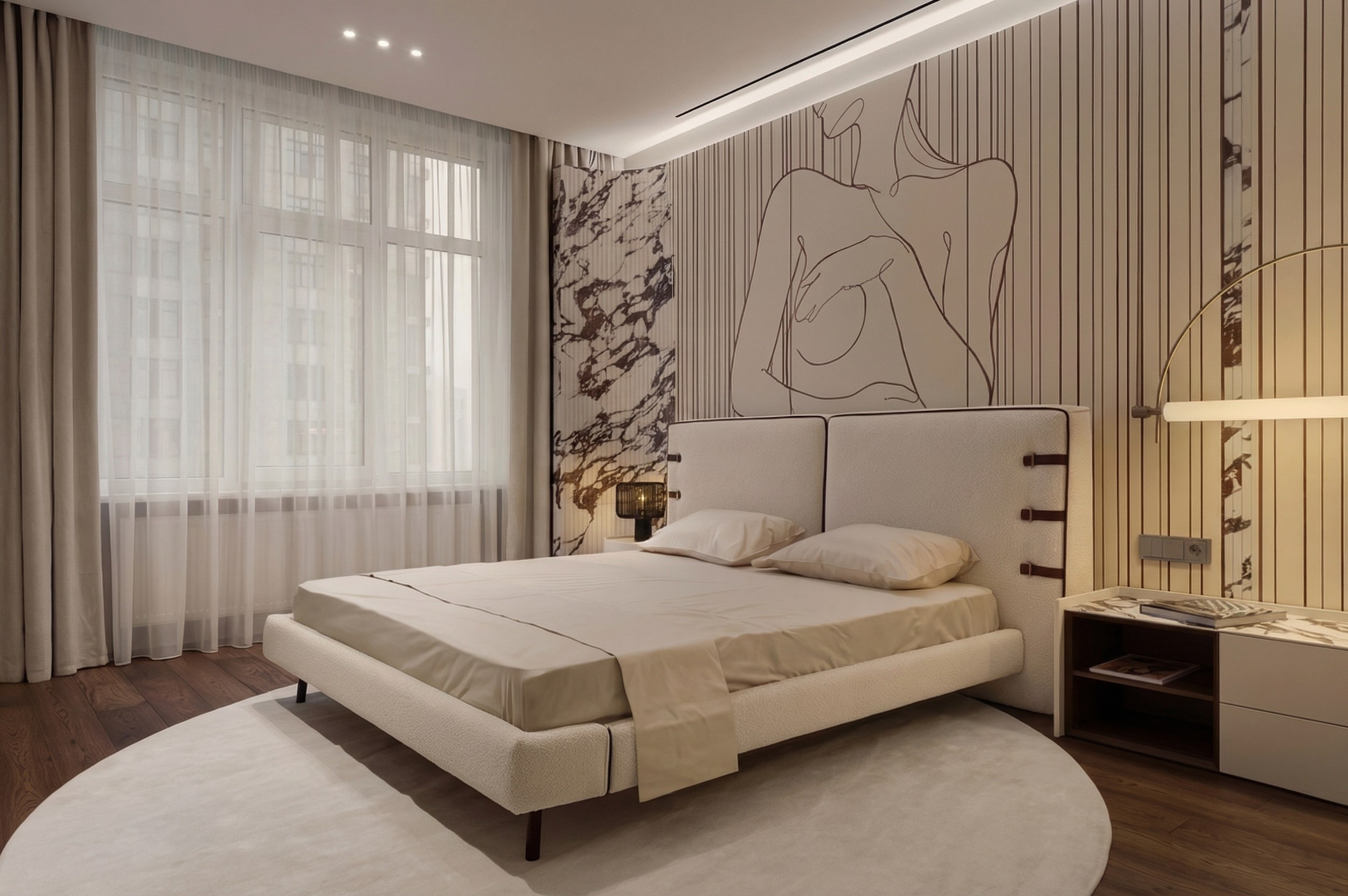 Дизайн мастер-спальни от Валерии Котович: графическое панно на стене, акцент из камня, кровать букле и архитектурное освещение.