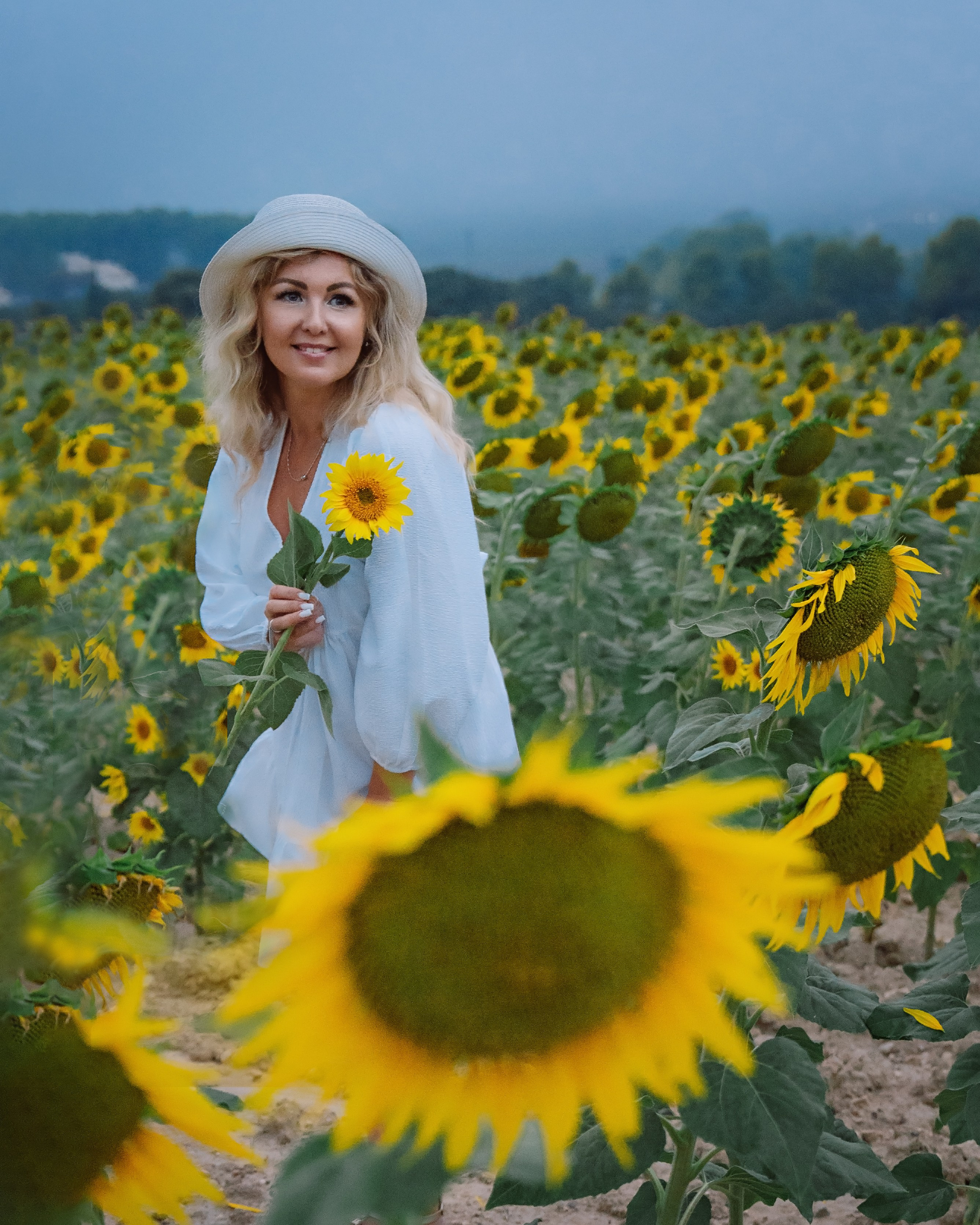 девушка в белом платье в шляпе в подсолнухах Мурсия