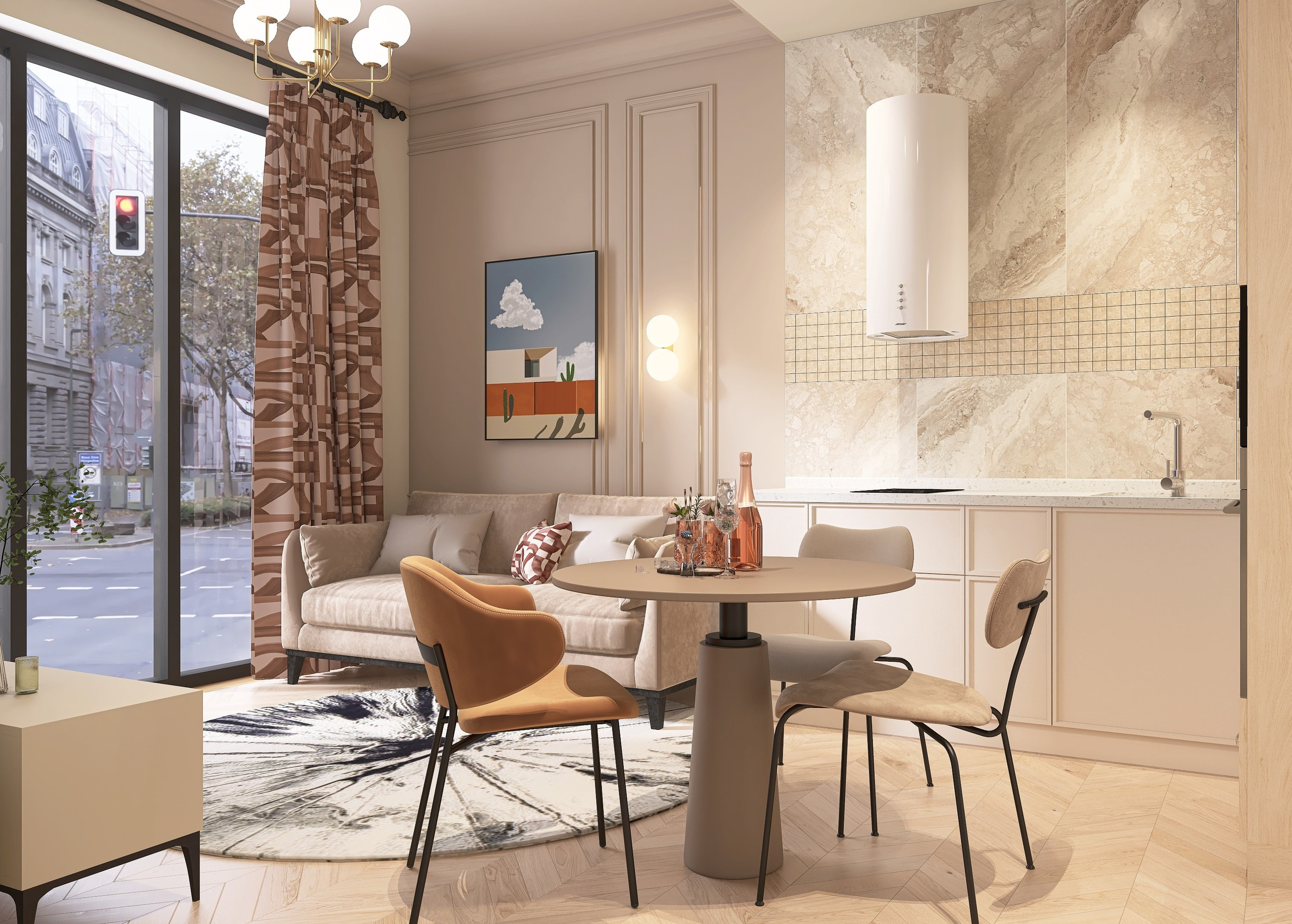 Интерьер кухни- гостиной, интерьер кухни, дизайн кухни, Квартира-студия в Новосибирске для проживания молодой женщины