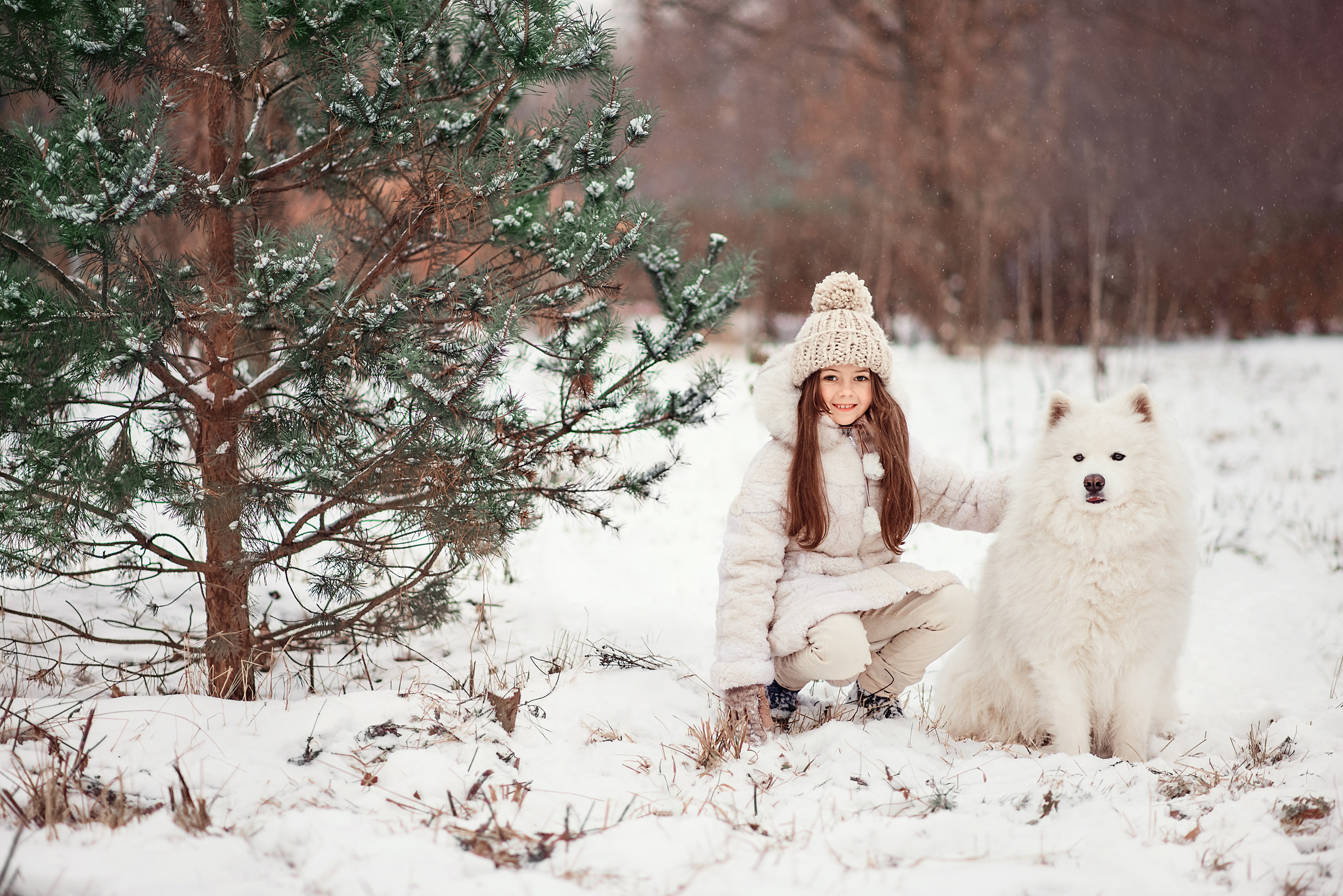 Девочка и самоед сидят возле сосны в зимнем парке.