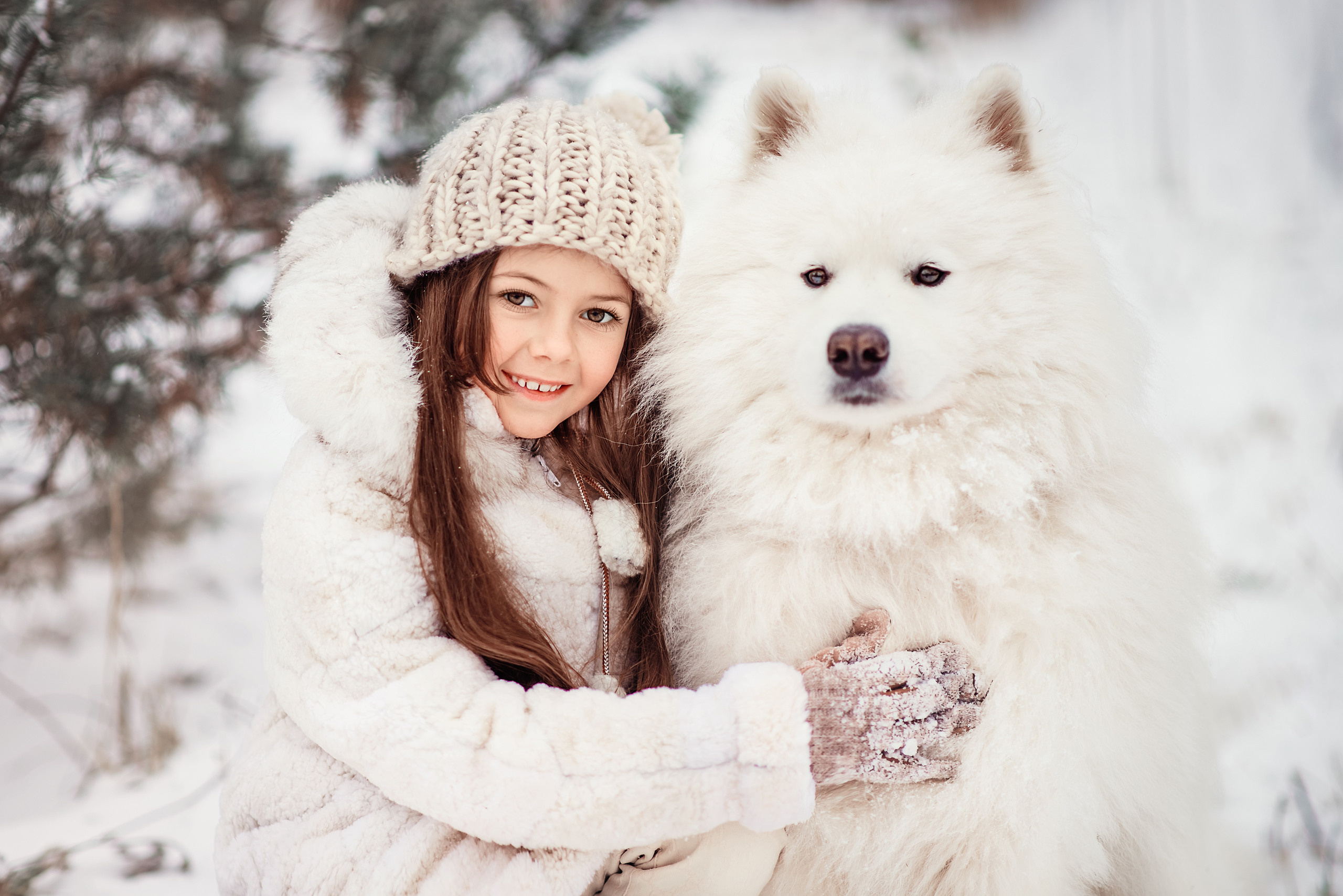 Девочка обнимает самоеда в зимнем парке.