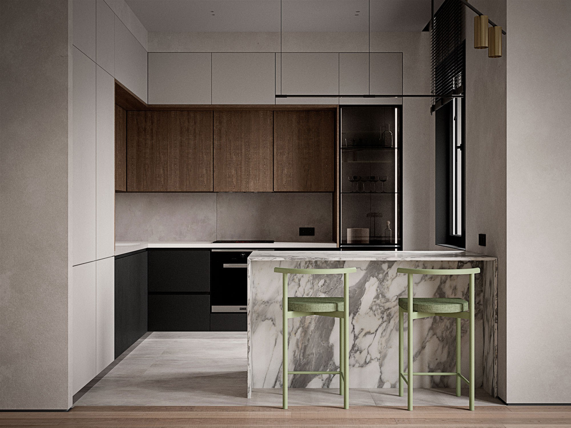 Кухня в современном стиле с деревянными верхними фасадами и мраморным островом с акцентными стульями оливкового цвета