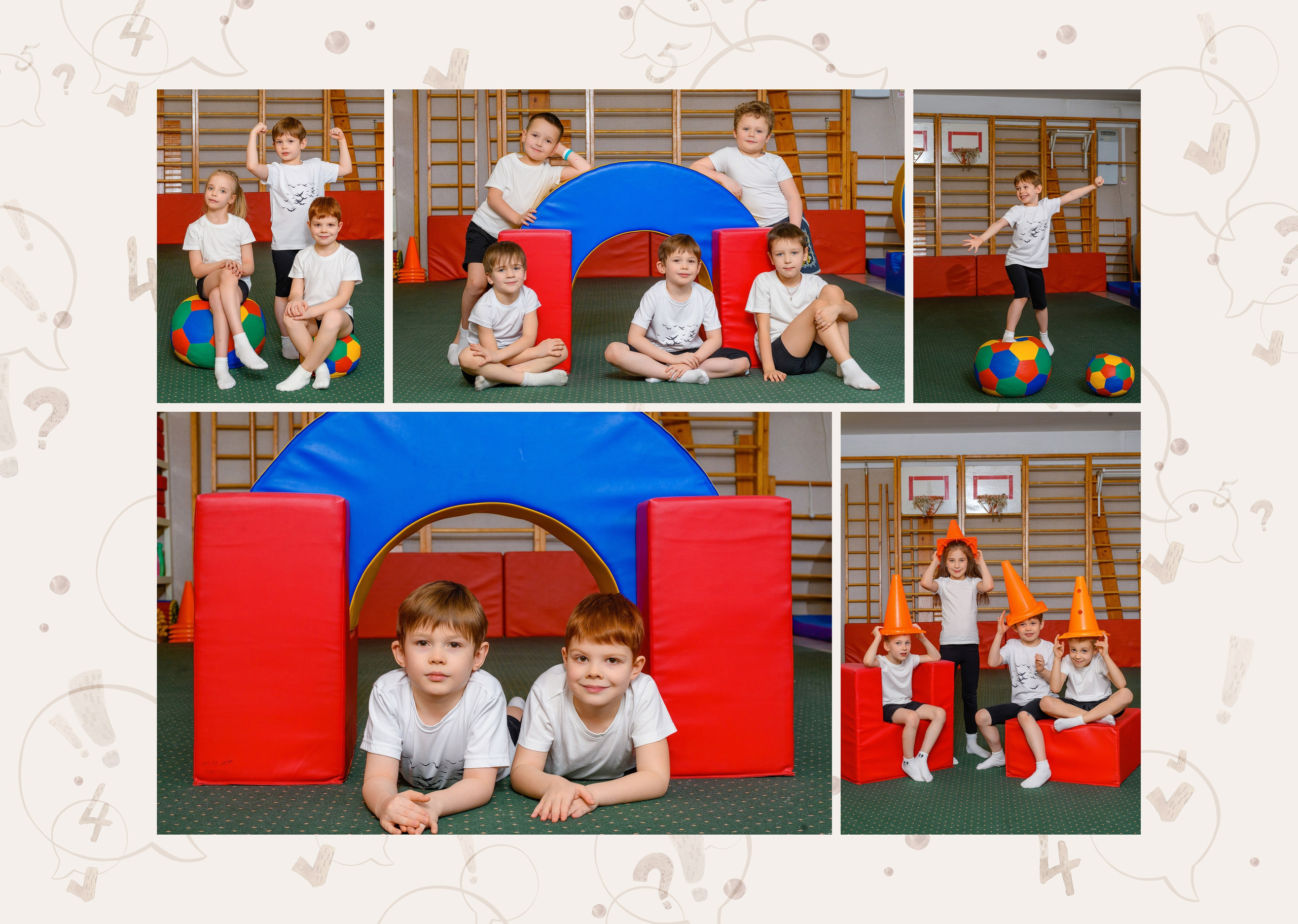 Фотосессия с занятия физкультуры в детском саду. Разворот для выпускного альбома. Съемка детей в спортивном зале.