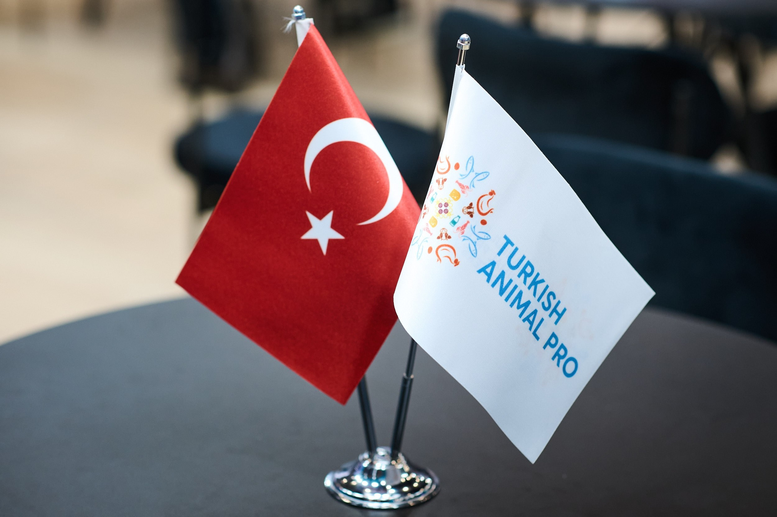 Два флага — Турции и компании «Turkish Animal Pro» на выставке Seafood Expo Russia 2025. Репортажная съёмка экспозиции в КВЦ «Экспофорум», Санкт‑Петербург.