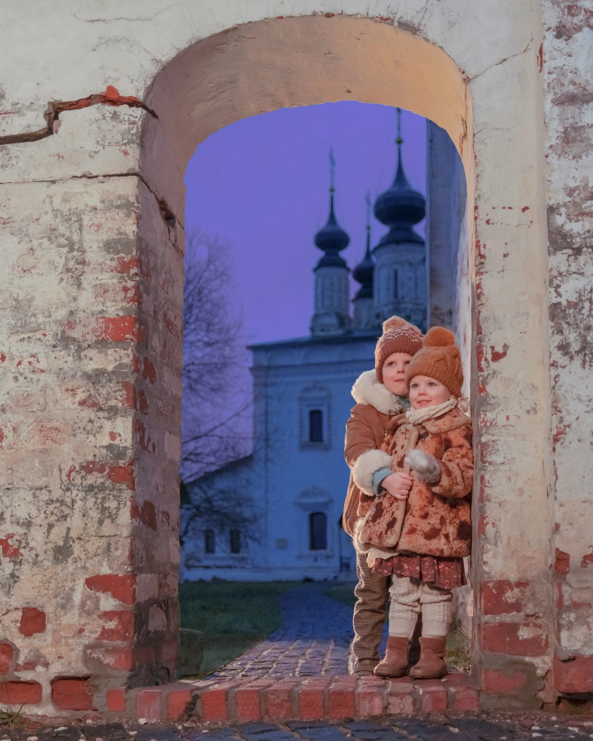 Children in winter in Suzdal, joyful and happy