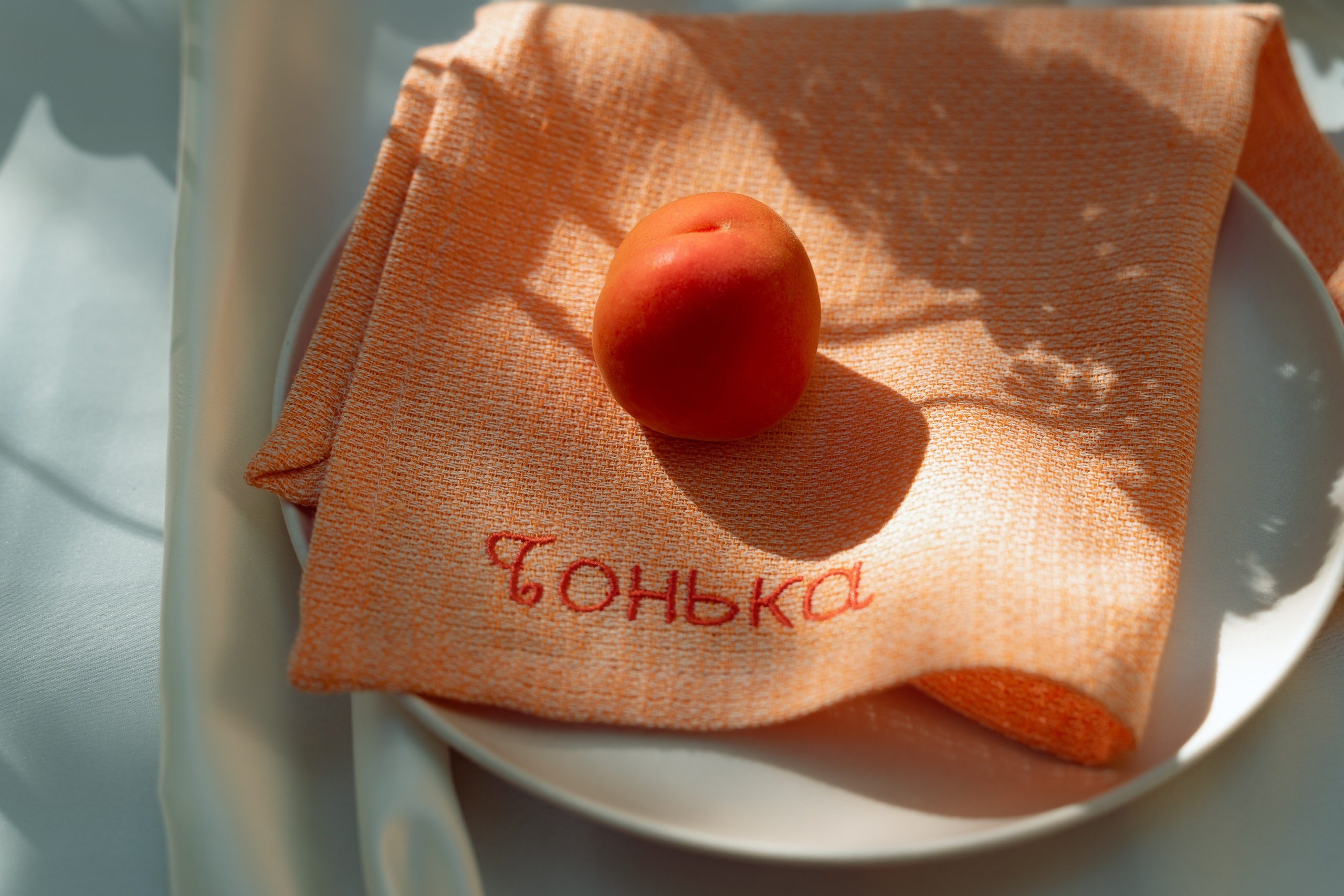 Яблоко на салфетке с вышивкой имени «Тонька» на тарелке