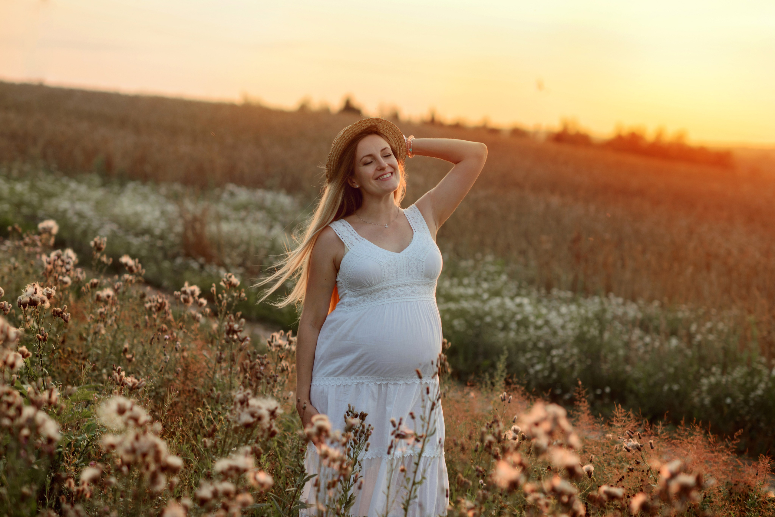 Photo shoot, a pregnant woman in a wheat field at sunset