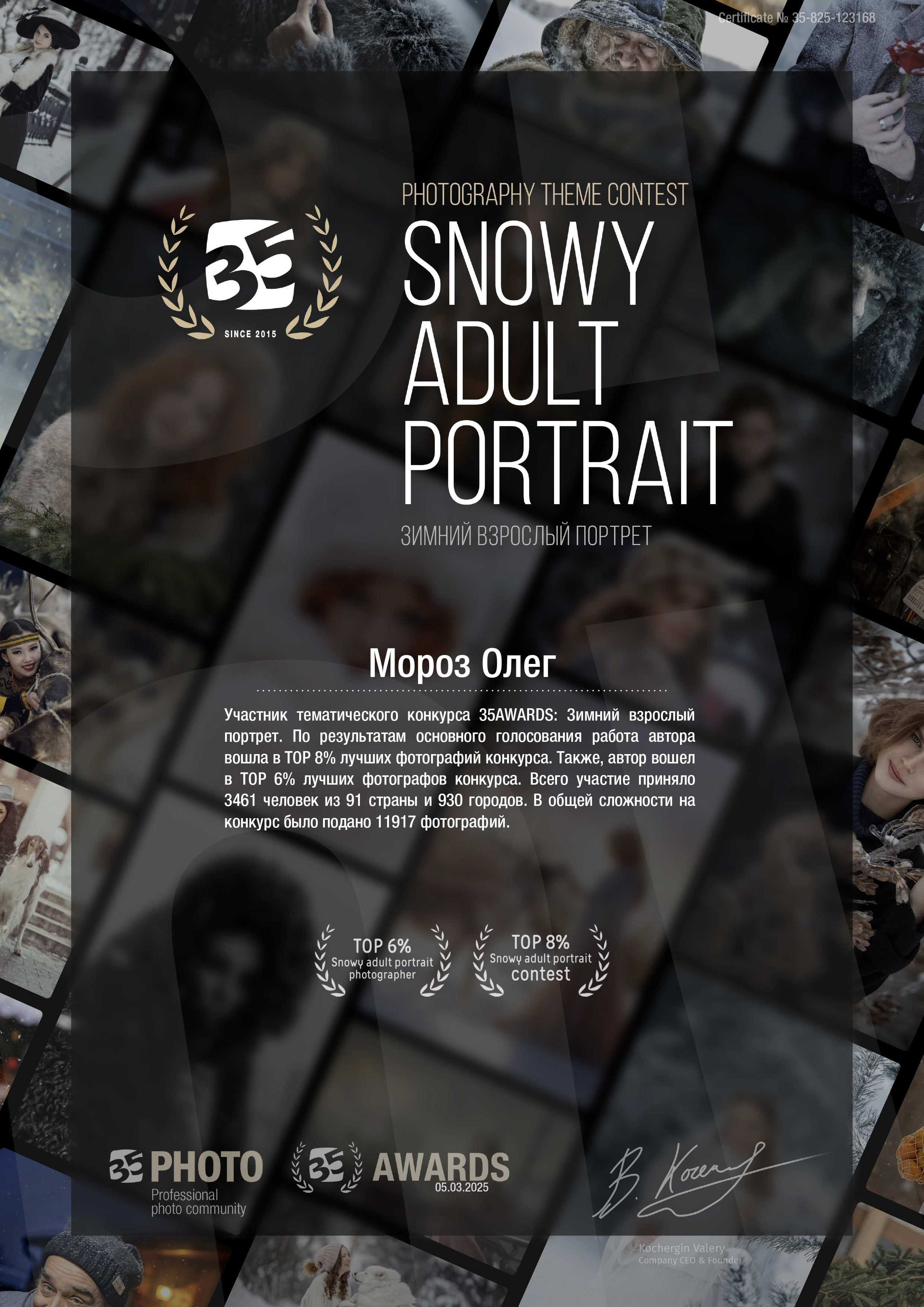 Сертификат участника конкурса "Зимний взрослый портрет" с примерами результатов