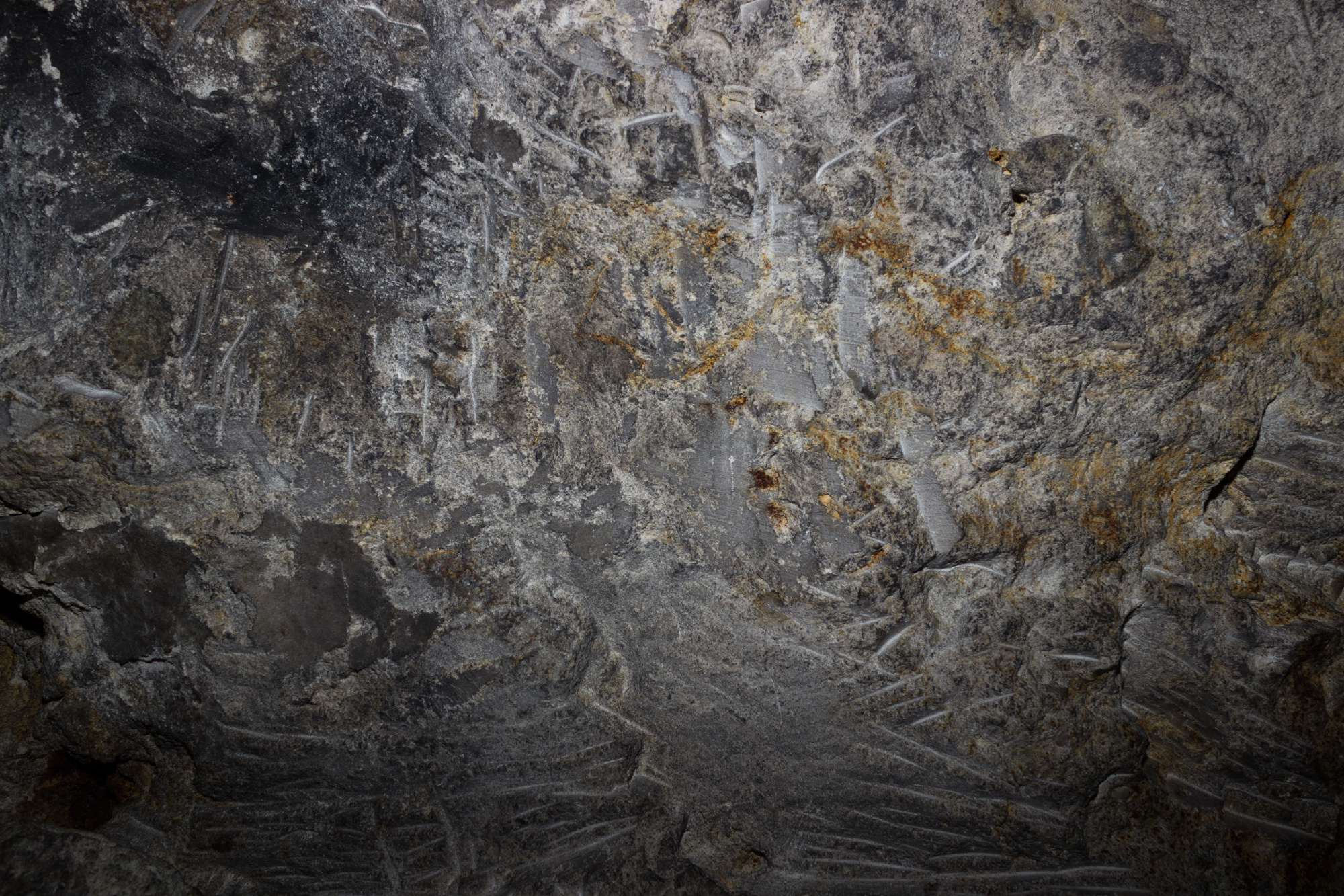 Следы на потолке Новленской каменоломни говорят о том, что каменные блоки были выломаны отсюда с помощью клиньев.