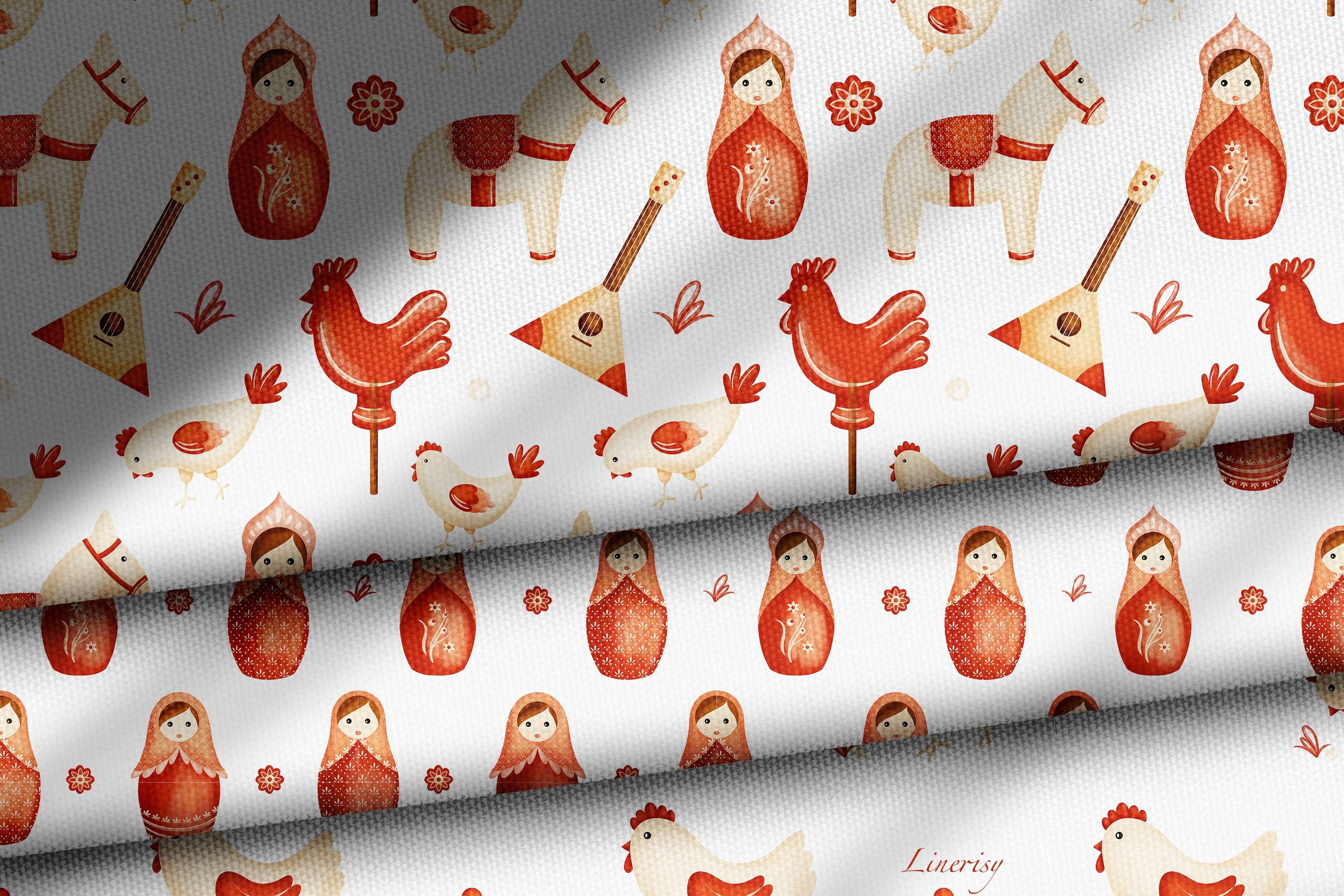 Коллекция «Матрёшки» — графические иллюстрации, композиции, бордюры, бесшовные паттерны и рамки. Художник-иллюстратор Евгения Бекренёва