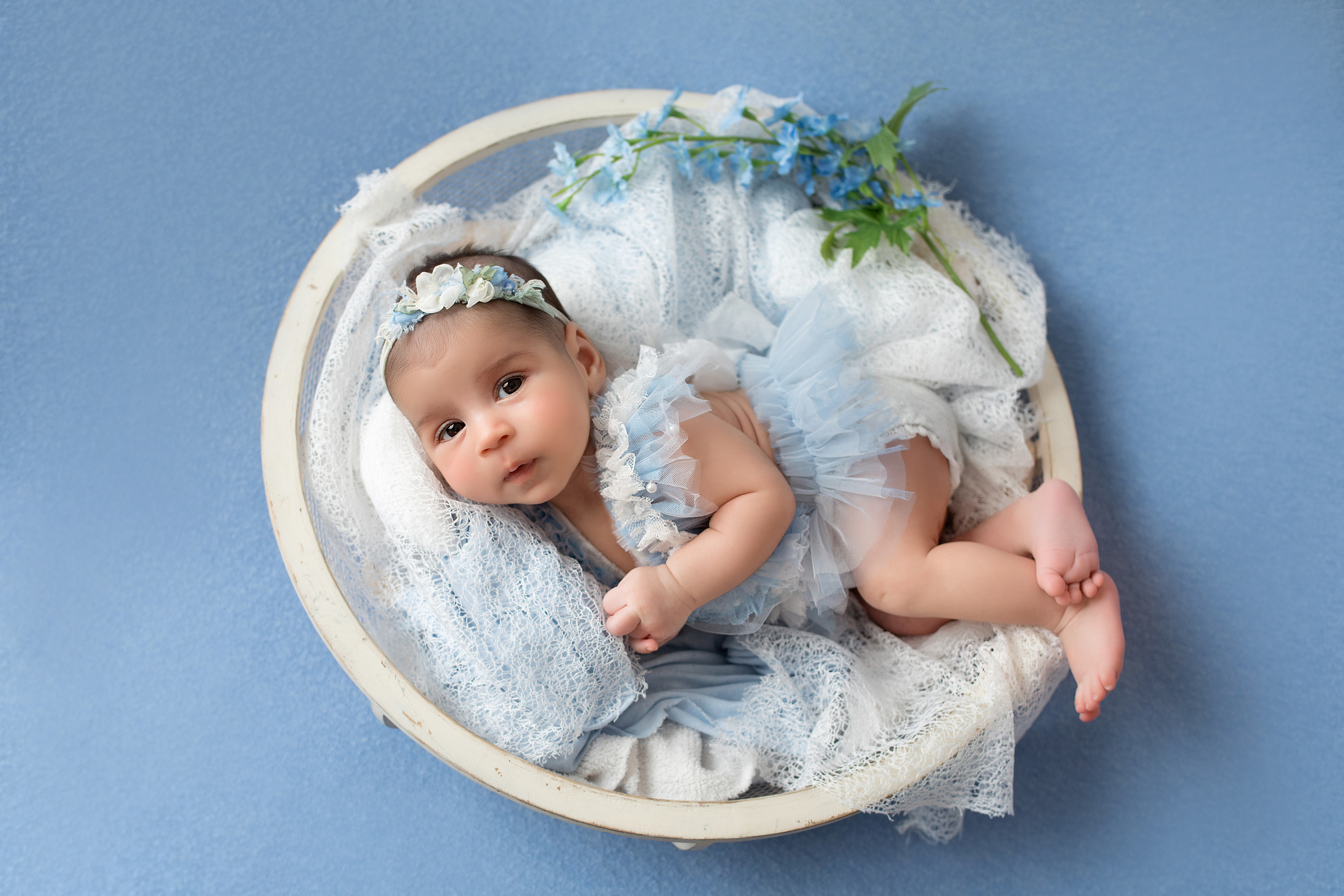 новорожденная девочка в голубом платье в круглой корзинке с открытыми глазками