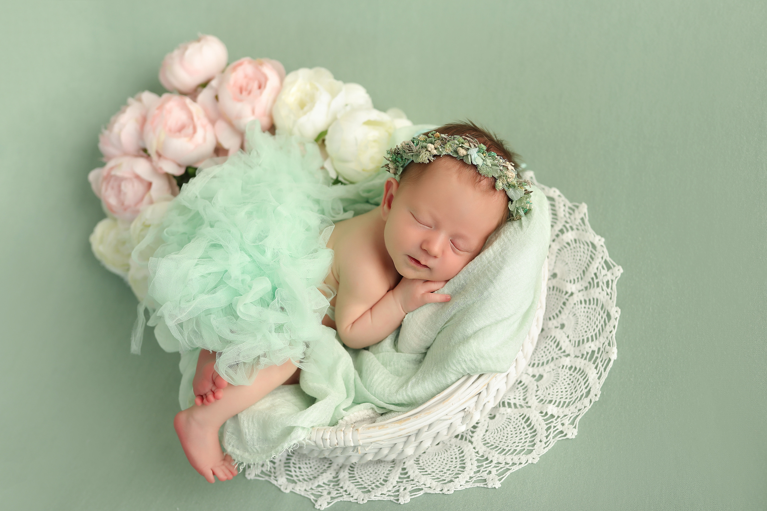 новорожденная девочка в мятной пачке с цветами на мятном фоне