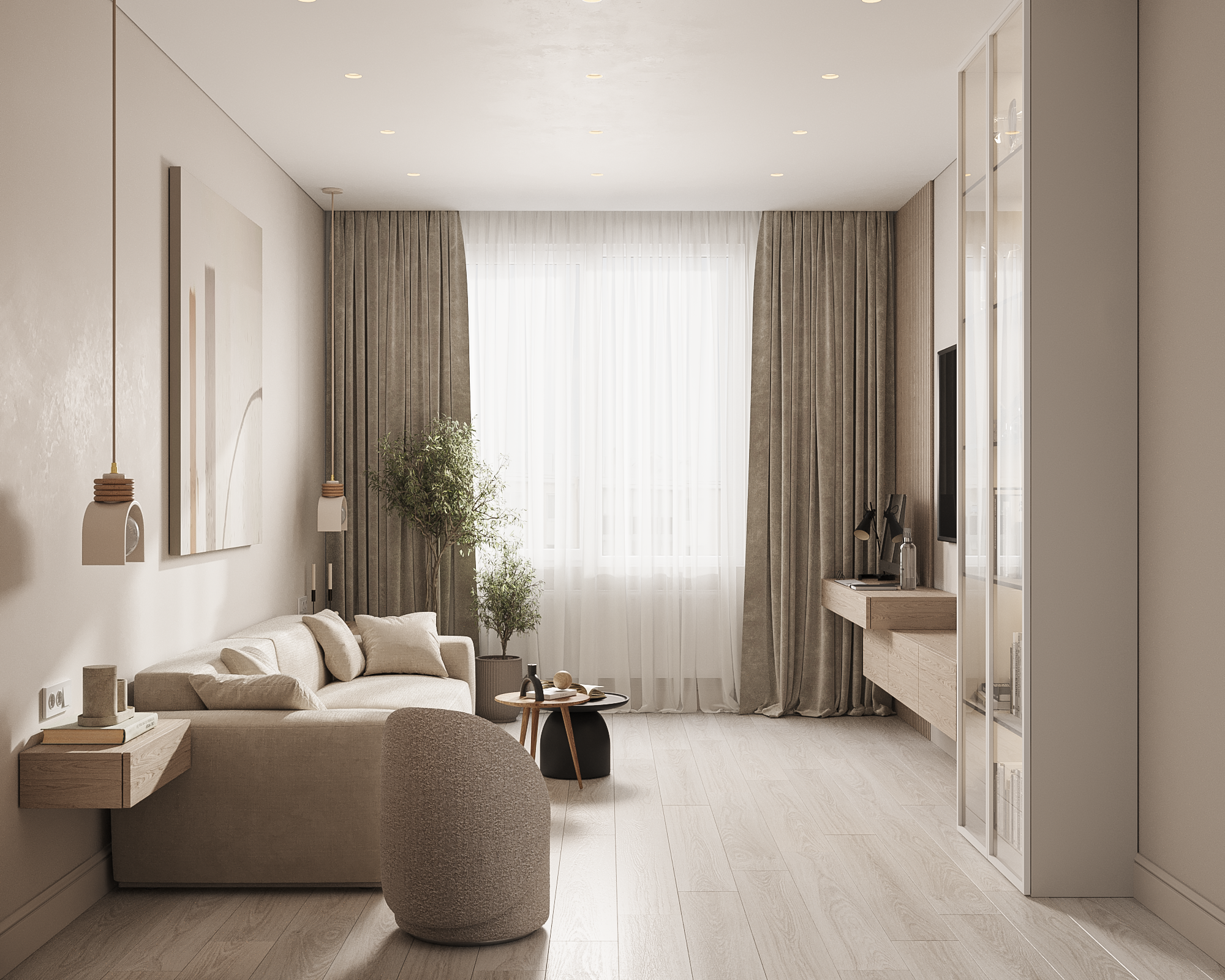 Гостиная в бежевых оттенках с мягкой посадкой и натуральными материалами — интерьер дизайнер Ксения Новикова, проект 65 м² в ЖК «Неоклассика»