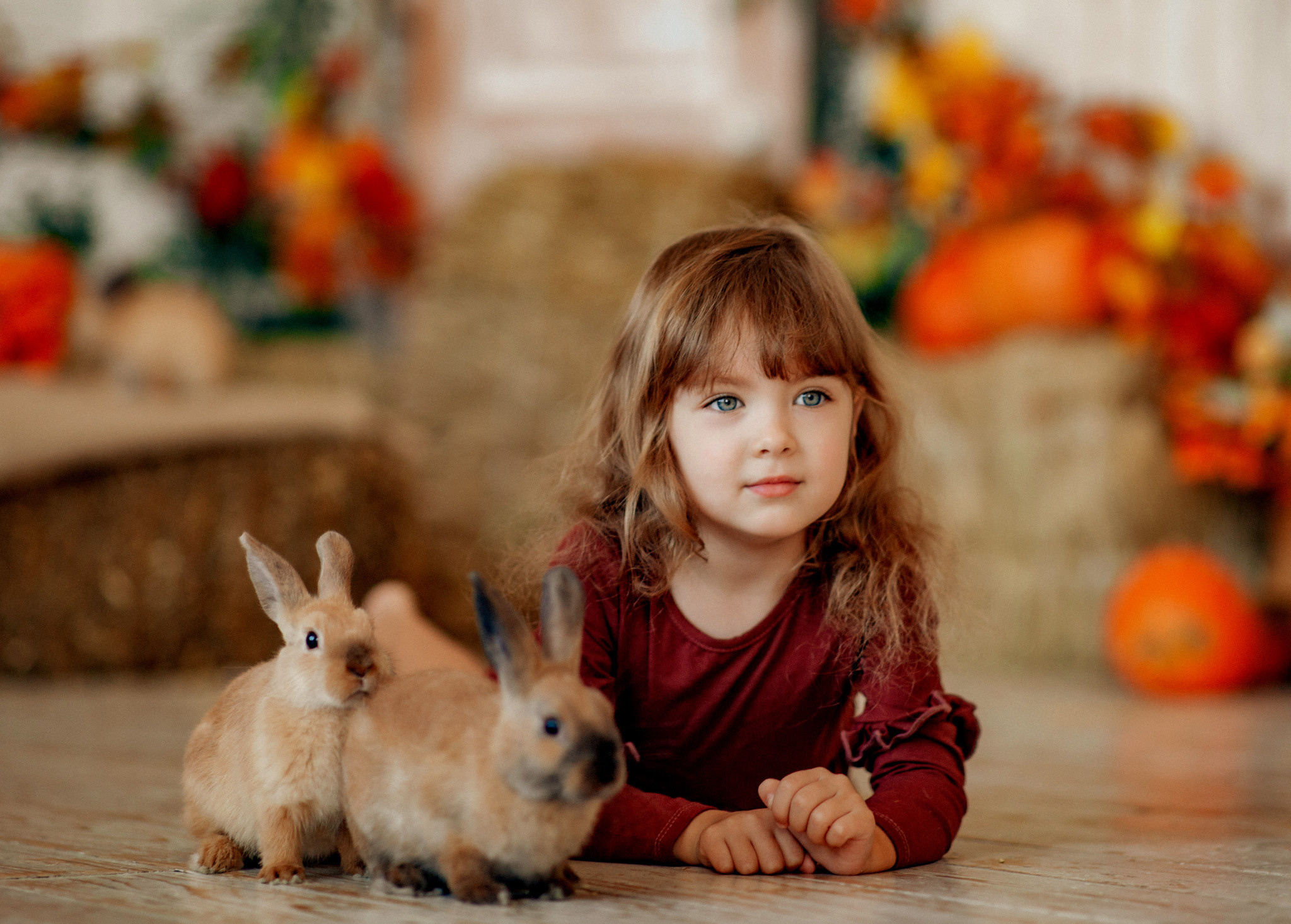Ольга и ее семья. Осенняя фотосессия в студии с крольчатами. Детский и семейный фотограф с животными в Москве Гурьева Надежда
