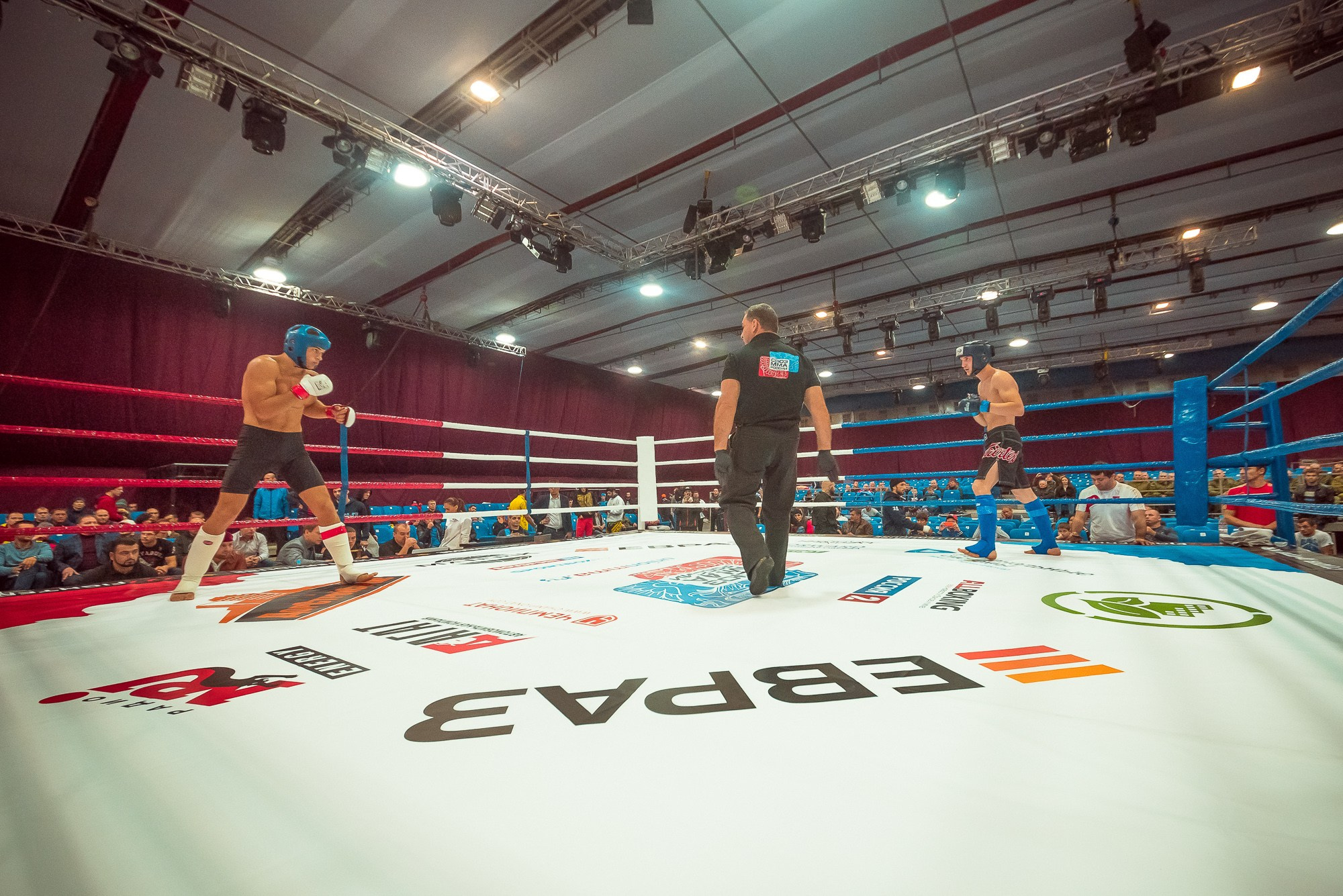 Бойцы ММА начинают бой сходясь на ринге из своих углов